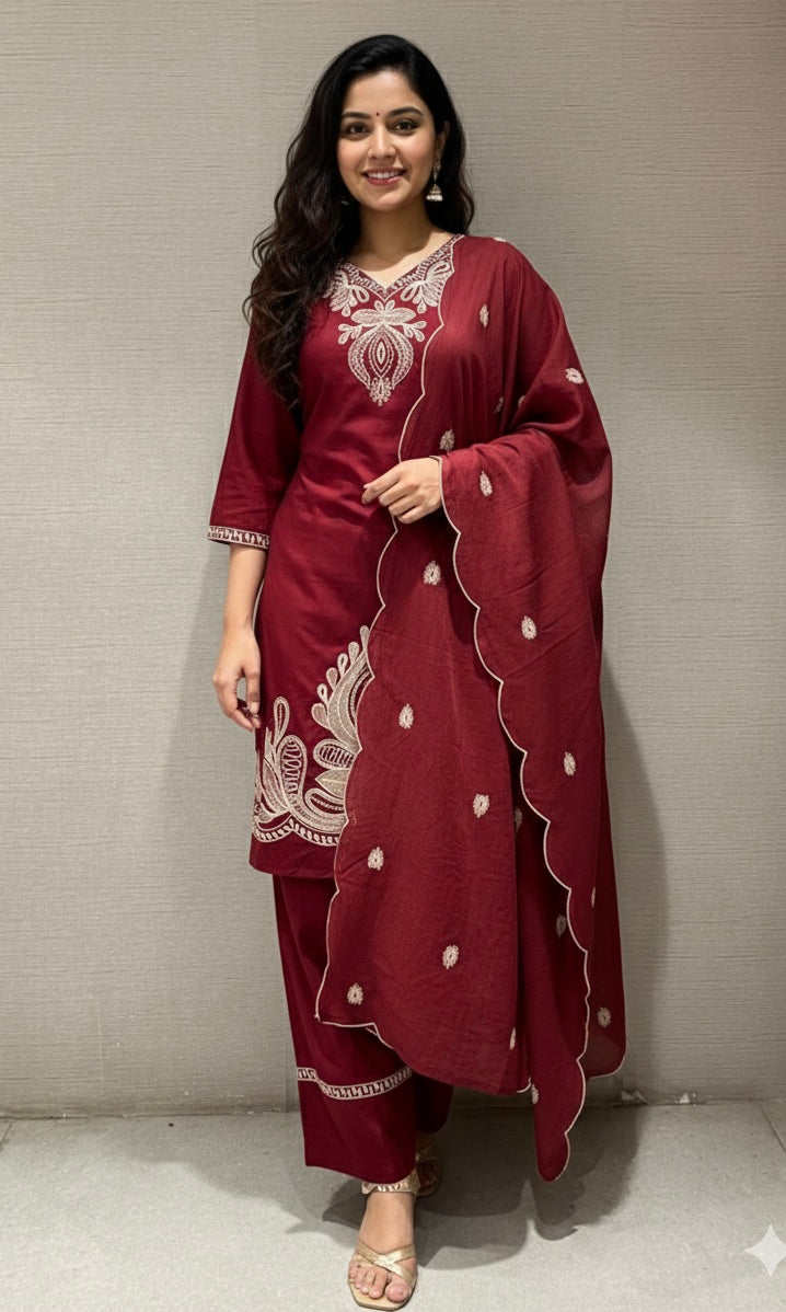 Maroon EMBROIDERED kurta set