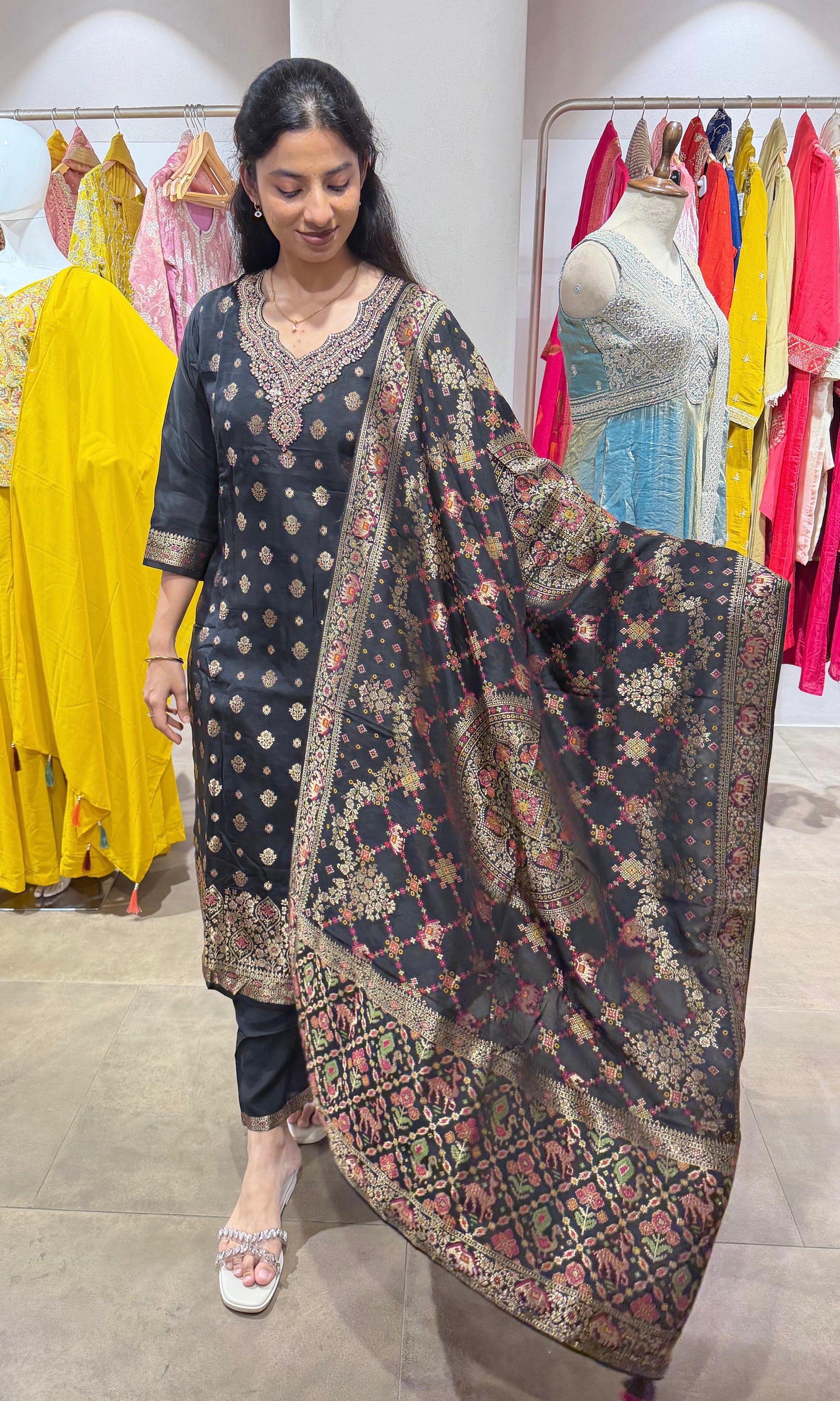Black Banarasi Kurta Set with Buti Dupatta