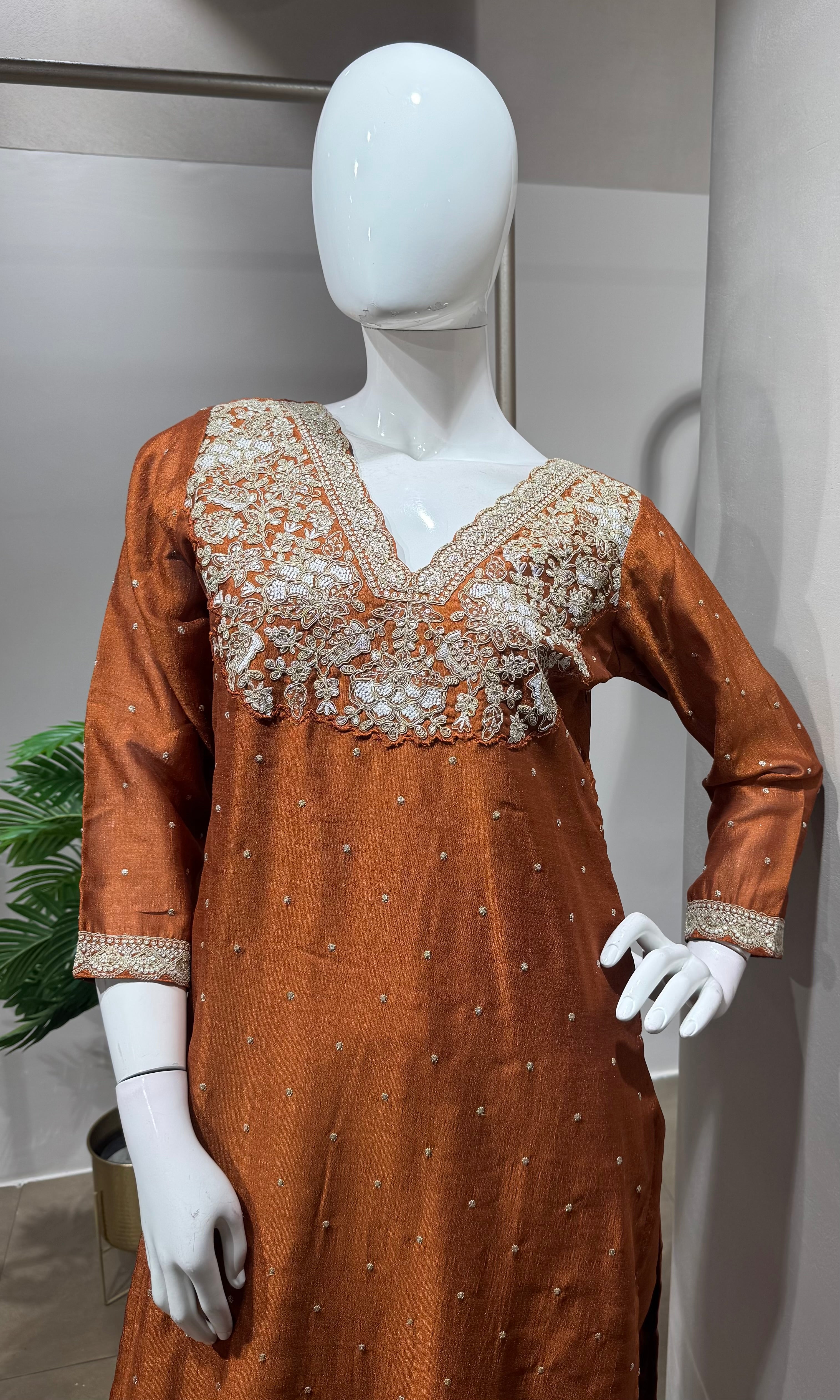 Rust golden embroidery kurta set