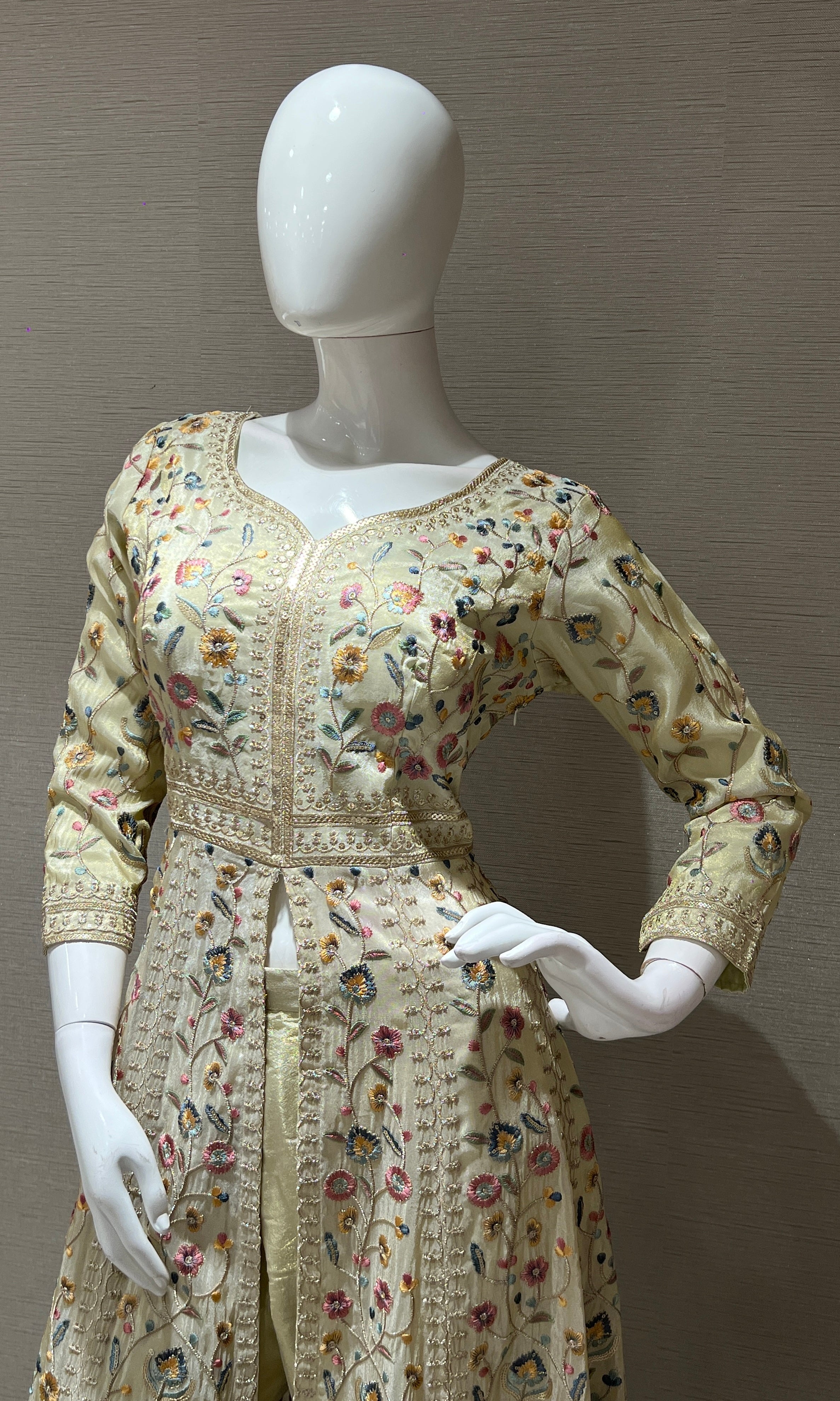 Cream Floral front slit Anarkali set