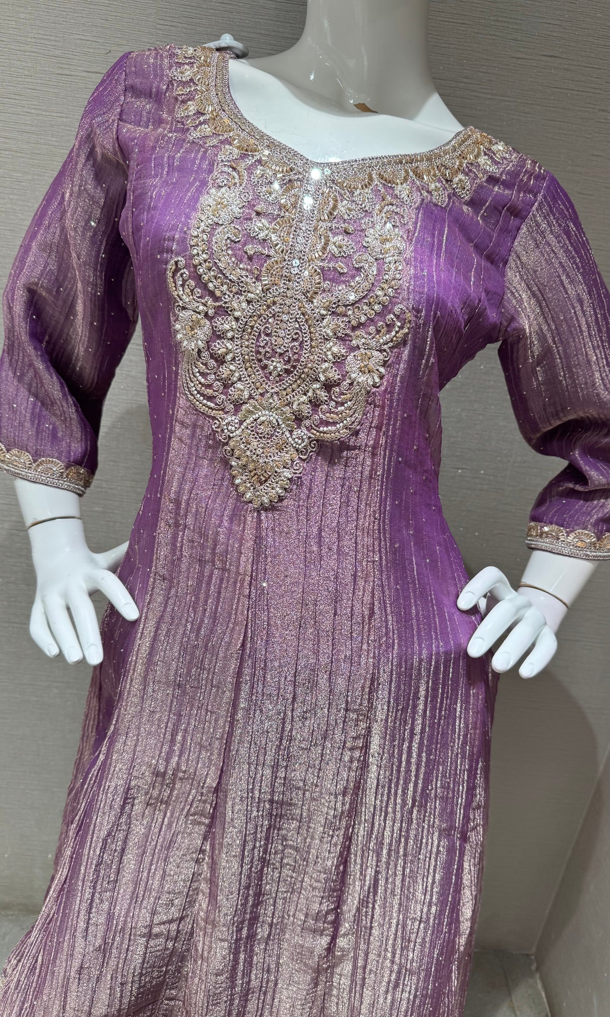 PURPLE TISSUE SILK EMBROIDERED ANARKALI SET WITH DUPATTA