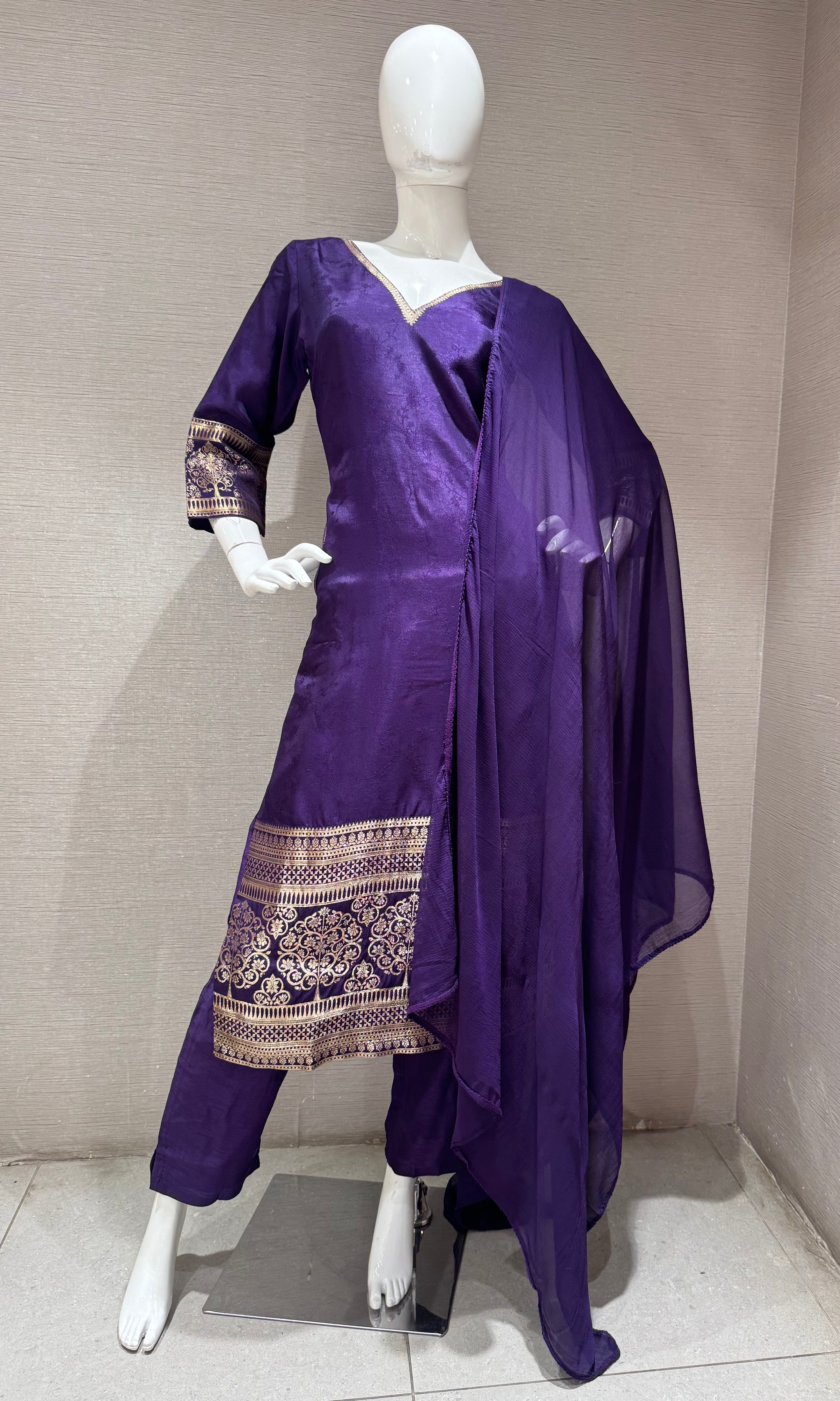 Purple Silk Kurta set with Sheer Dupatta