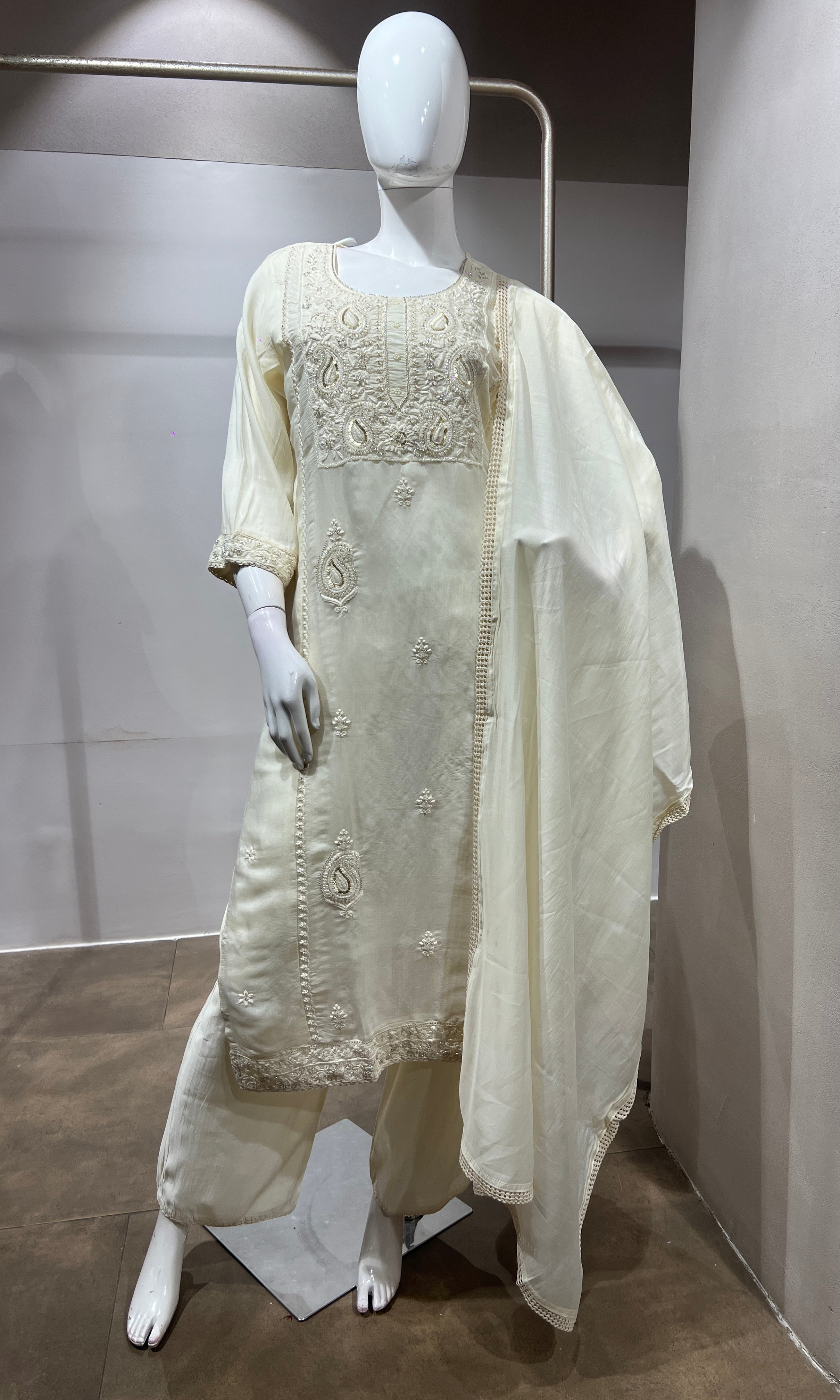 Half White Chanderi Silk Kurta Suit Set