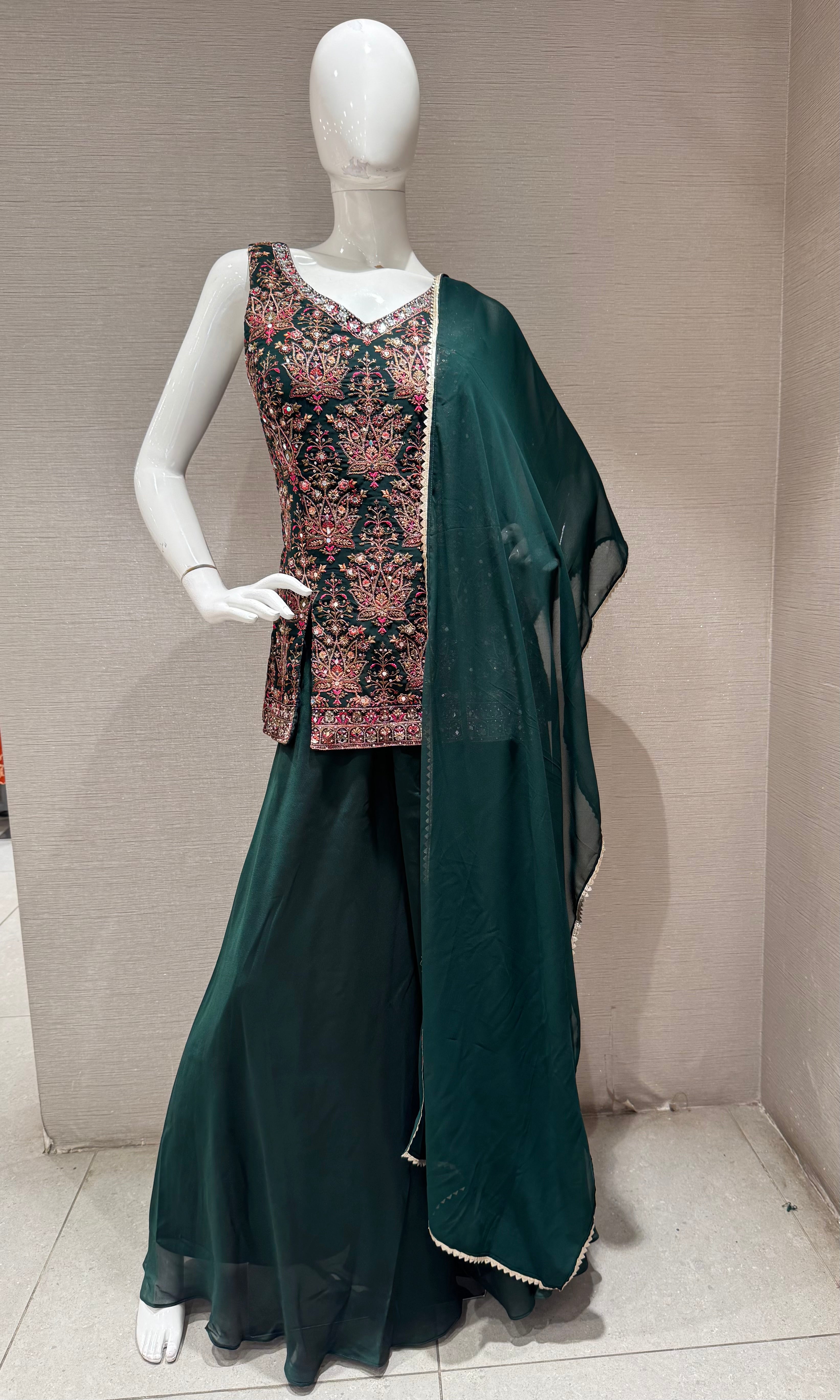 Bottel Green Floral Embroidered Palazzo set
