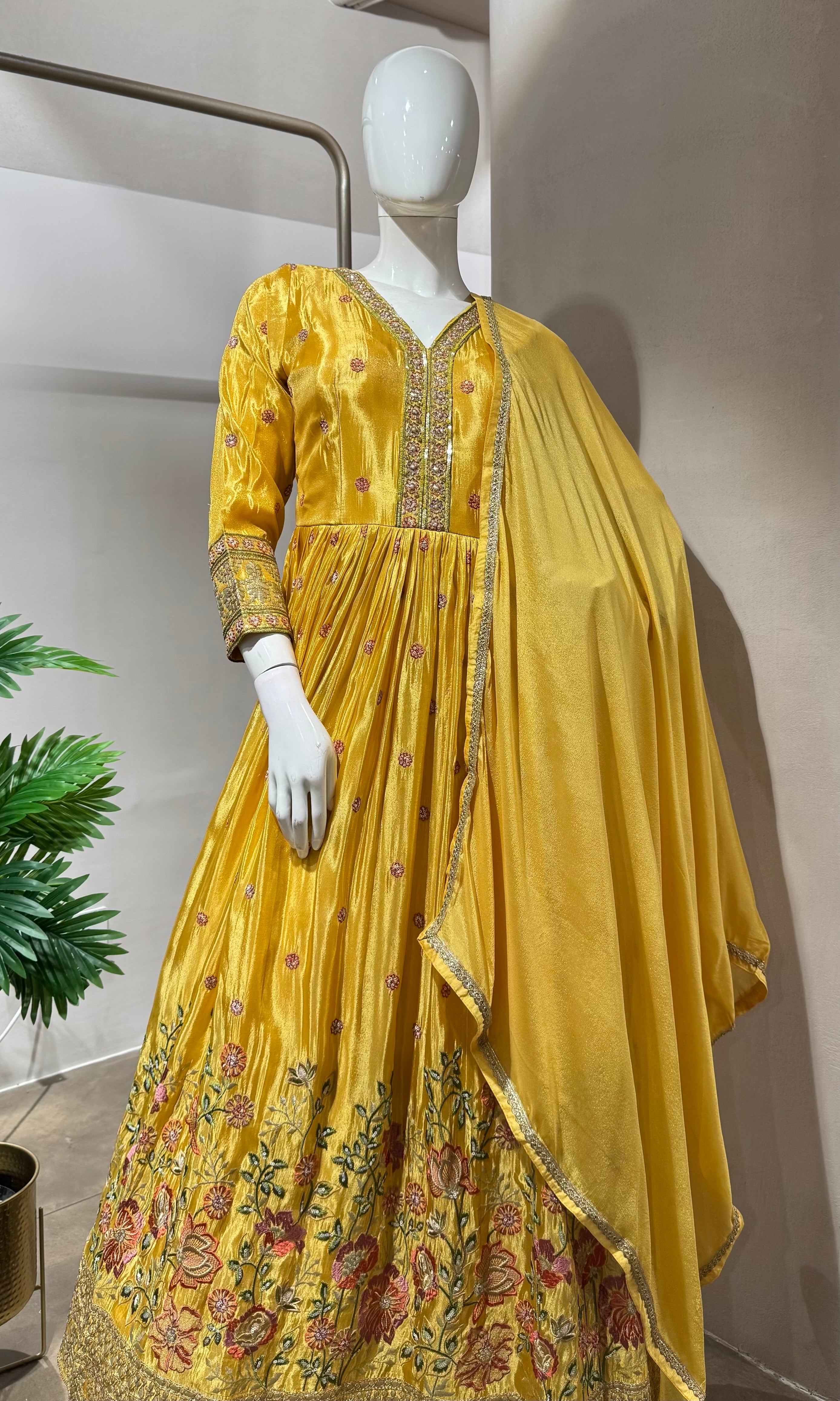 YELLOW SHIMMER TISSUE EMBROIDERY ANARAKALI