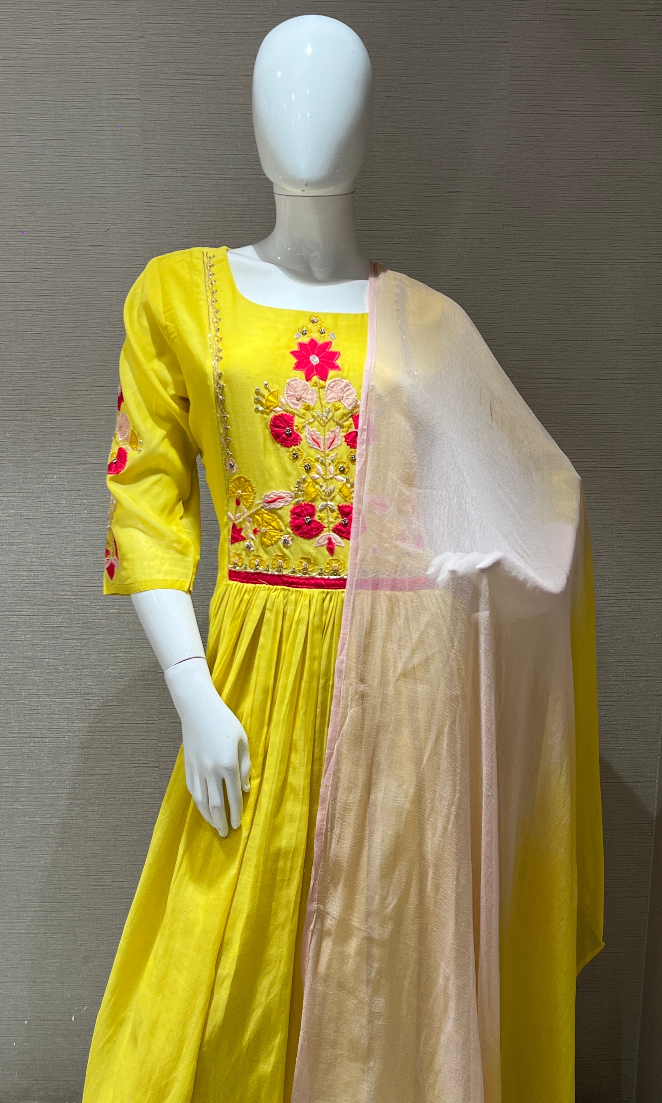 yellow floral embroidered kurta set