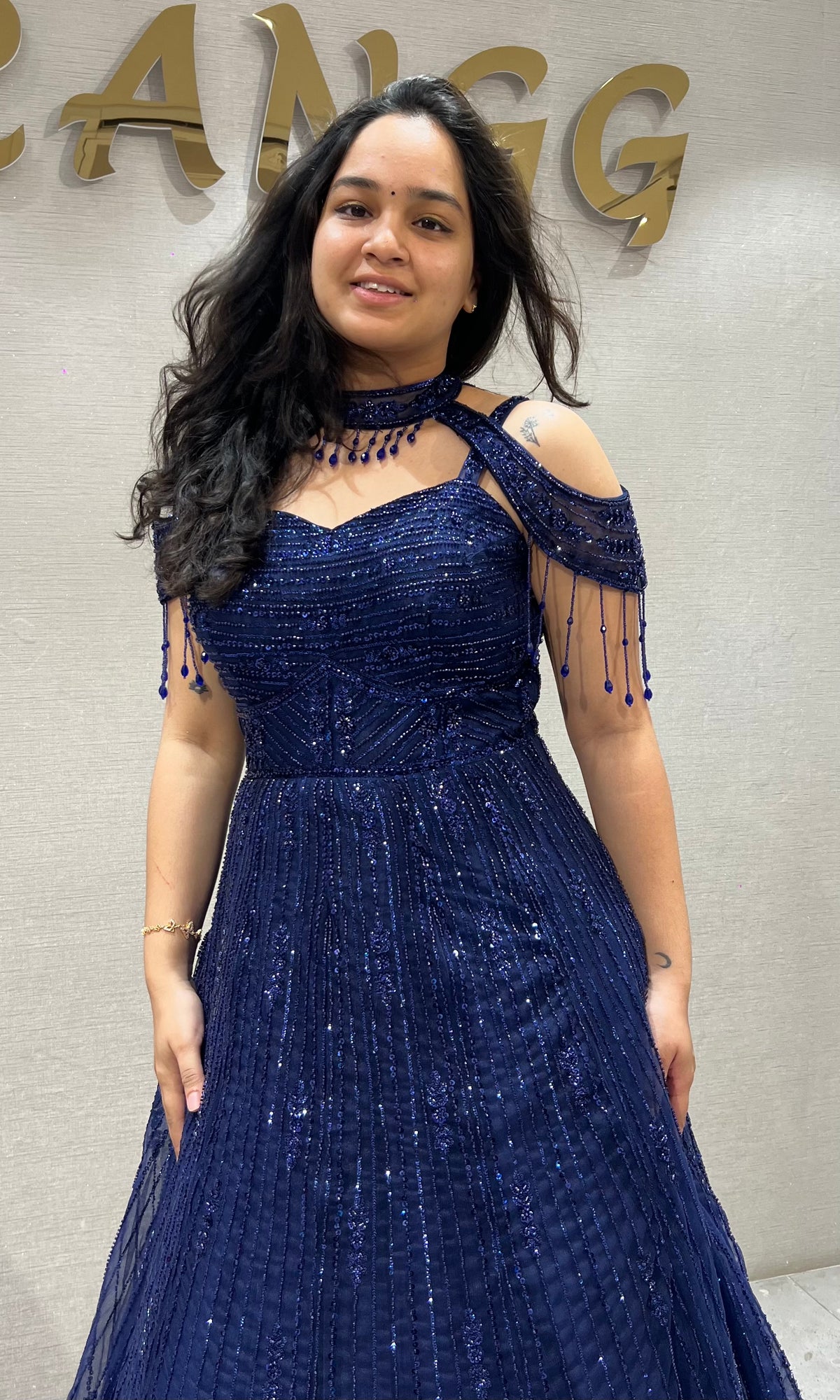 Royal Blue Halter Neck Ballgown with Sheer Cap Sleeves