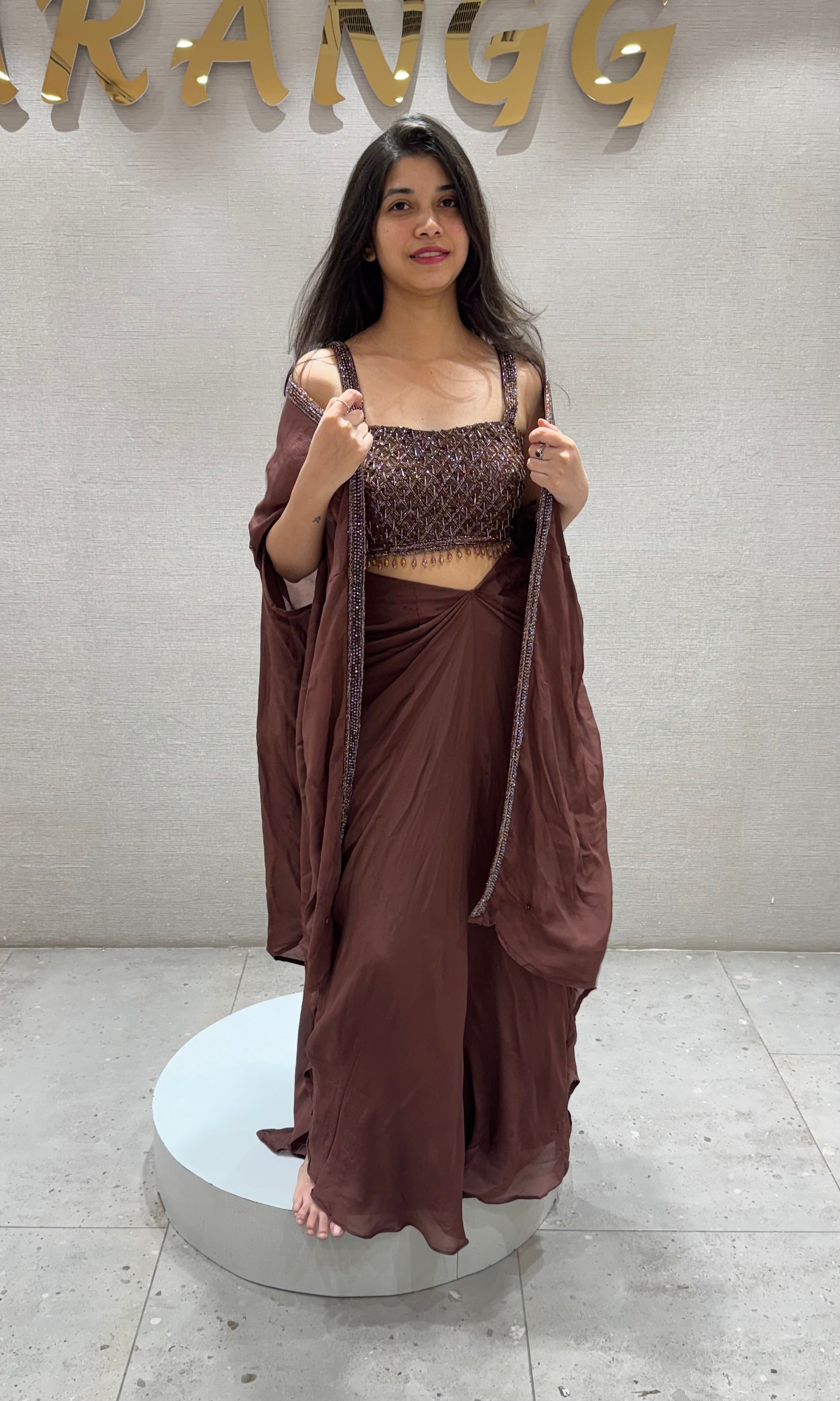 Brown DRAPE SAREE WITH CORSET BLOUSE & CAPE