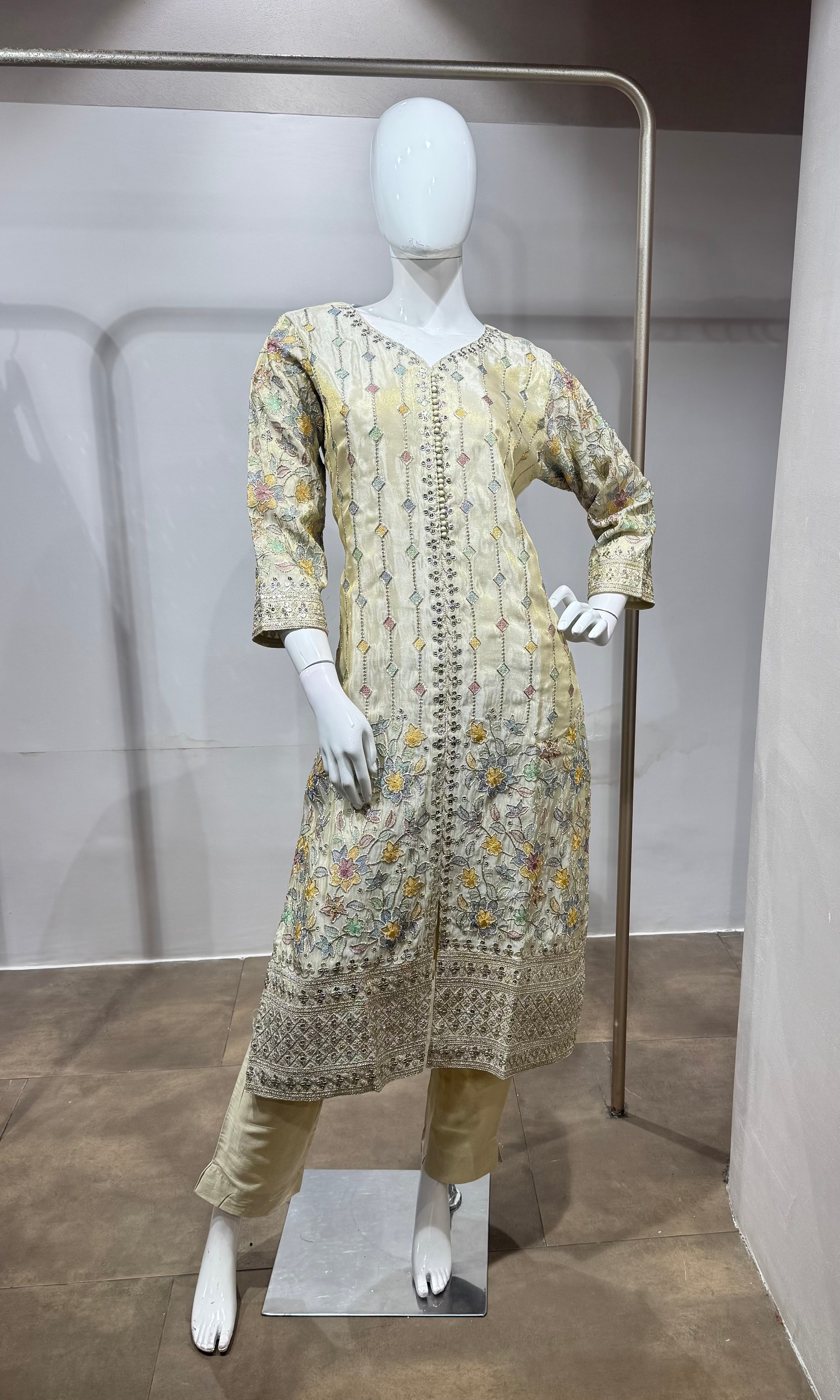 Cream Floral Embroidered Straight Kurta SET