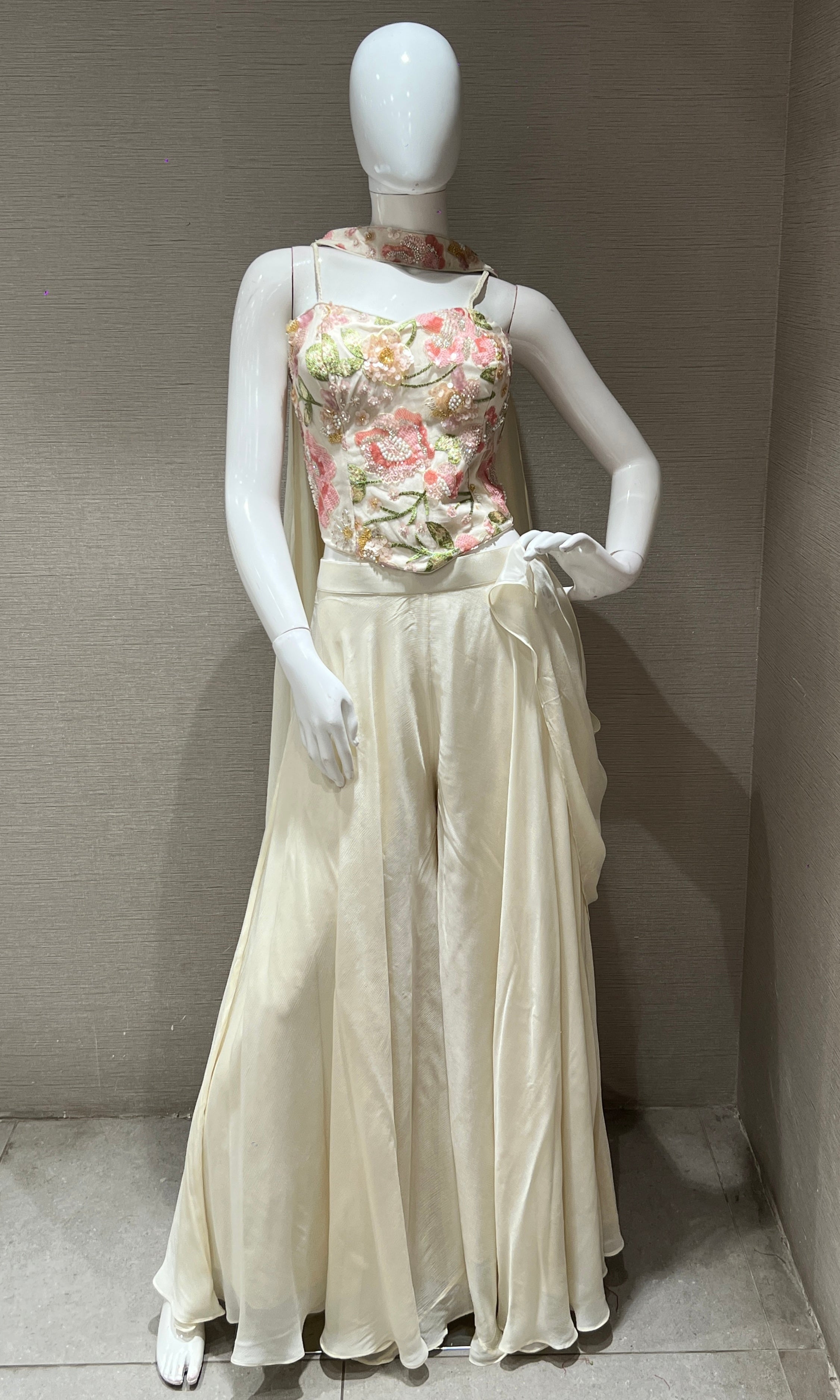 cream palazzo set with floral corset blouse