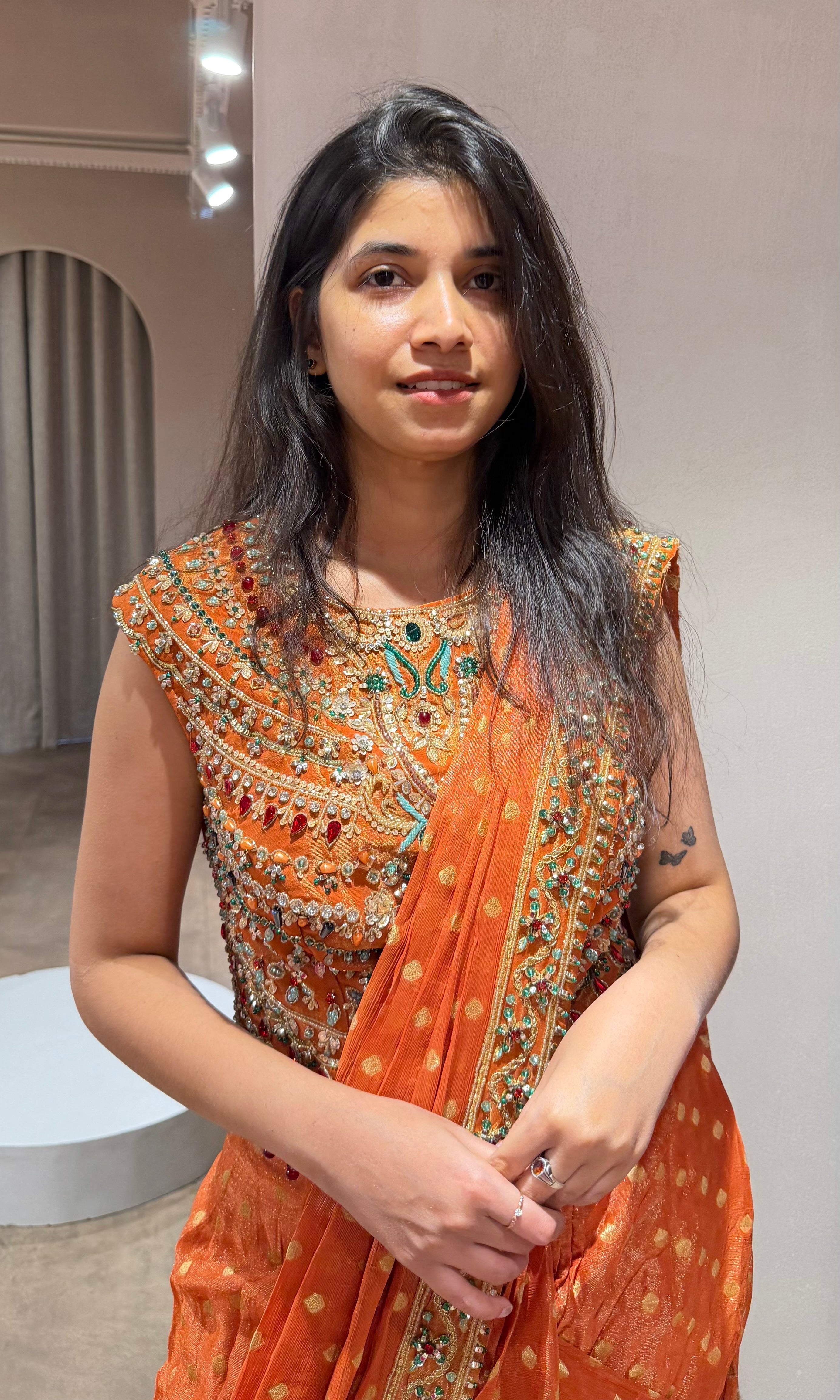 Orange INTRICATE EMBROIDERED drape saree