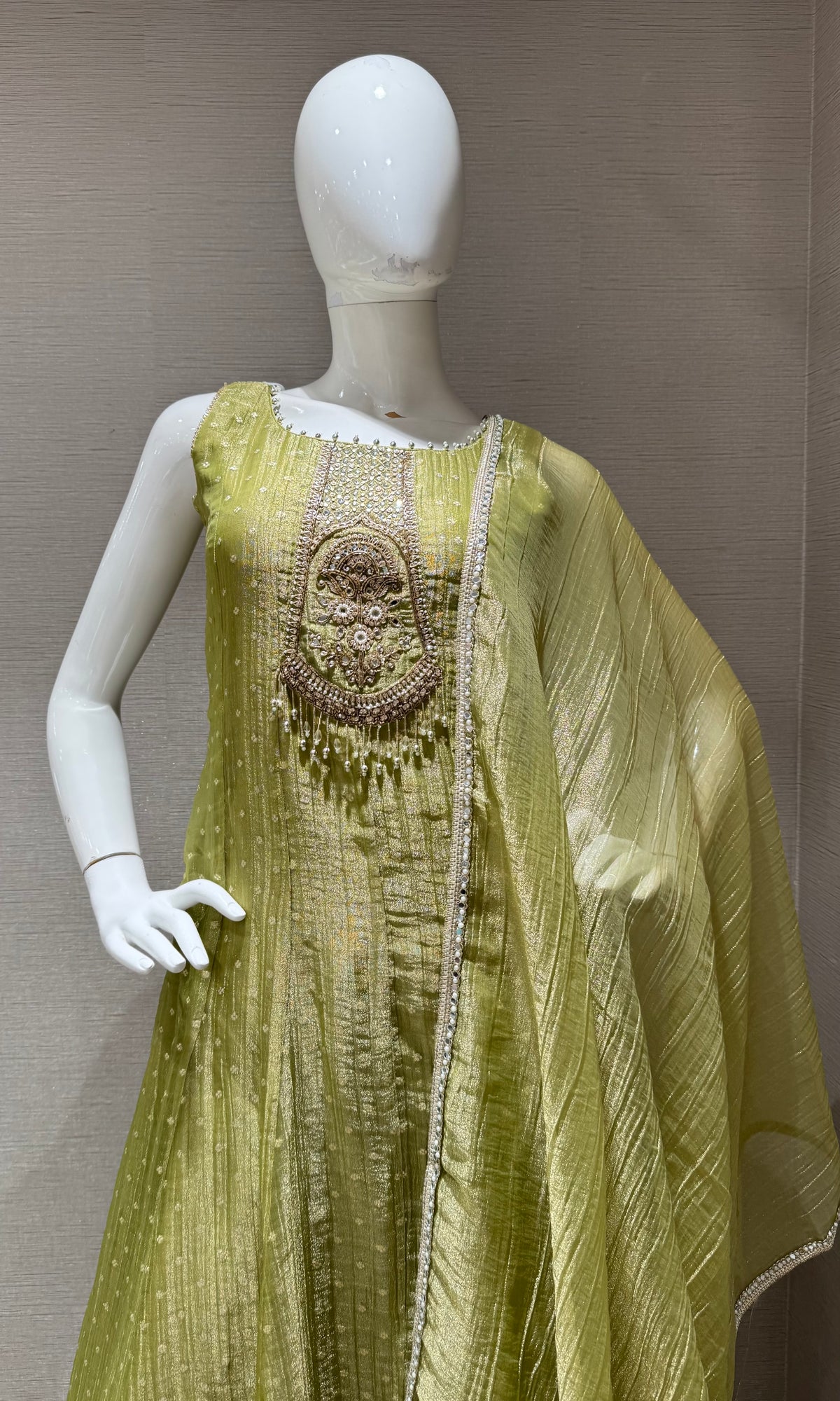 green tissue silk embroidered anarkali set with dupatta