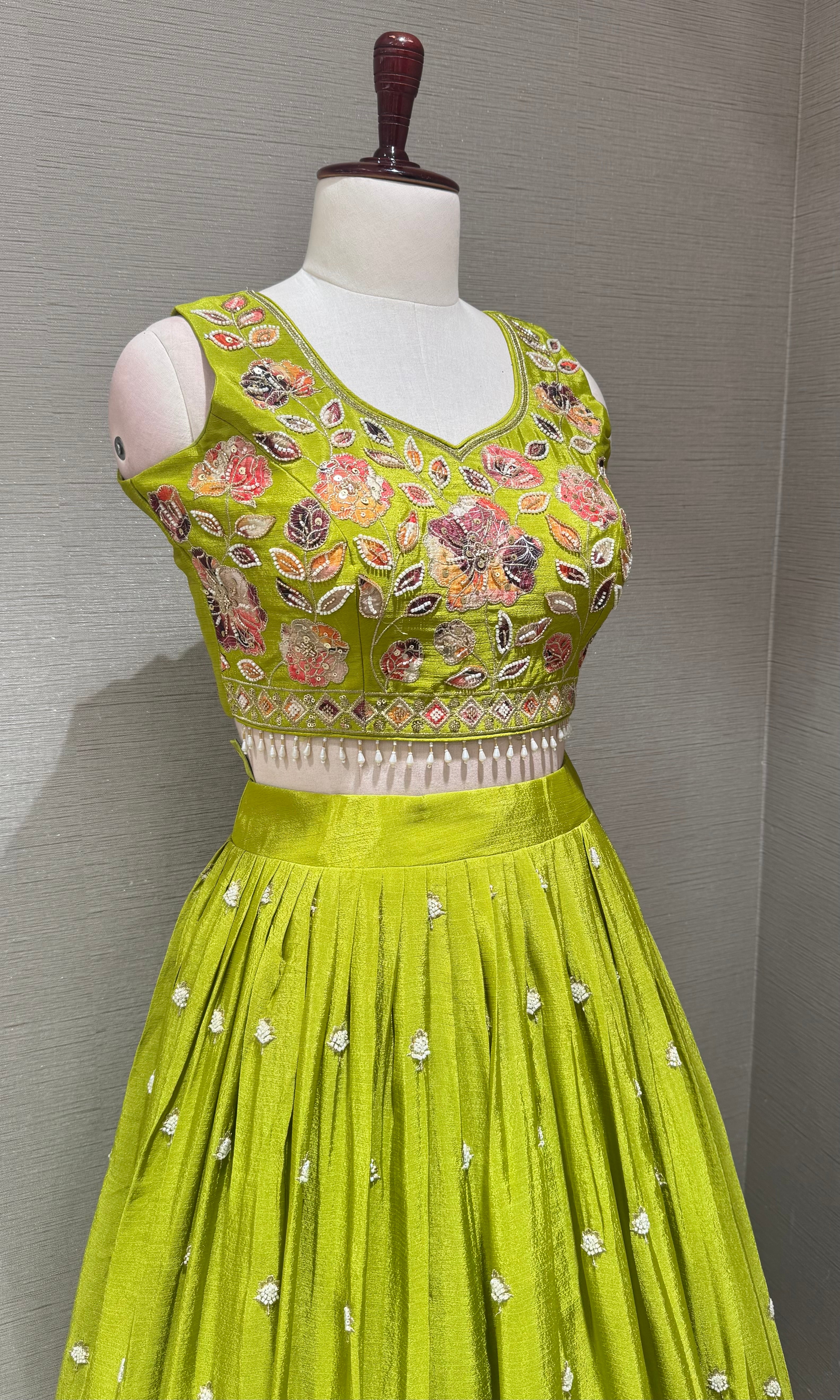Green Tissue silk Multi Floral Crop Top Lehenga set