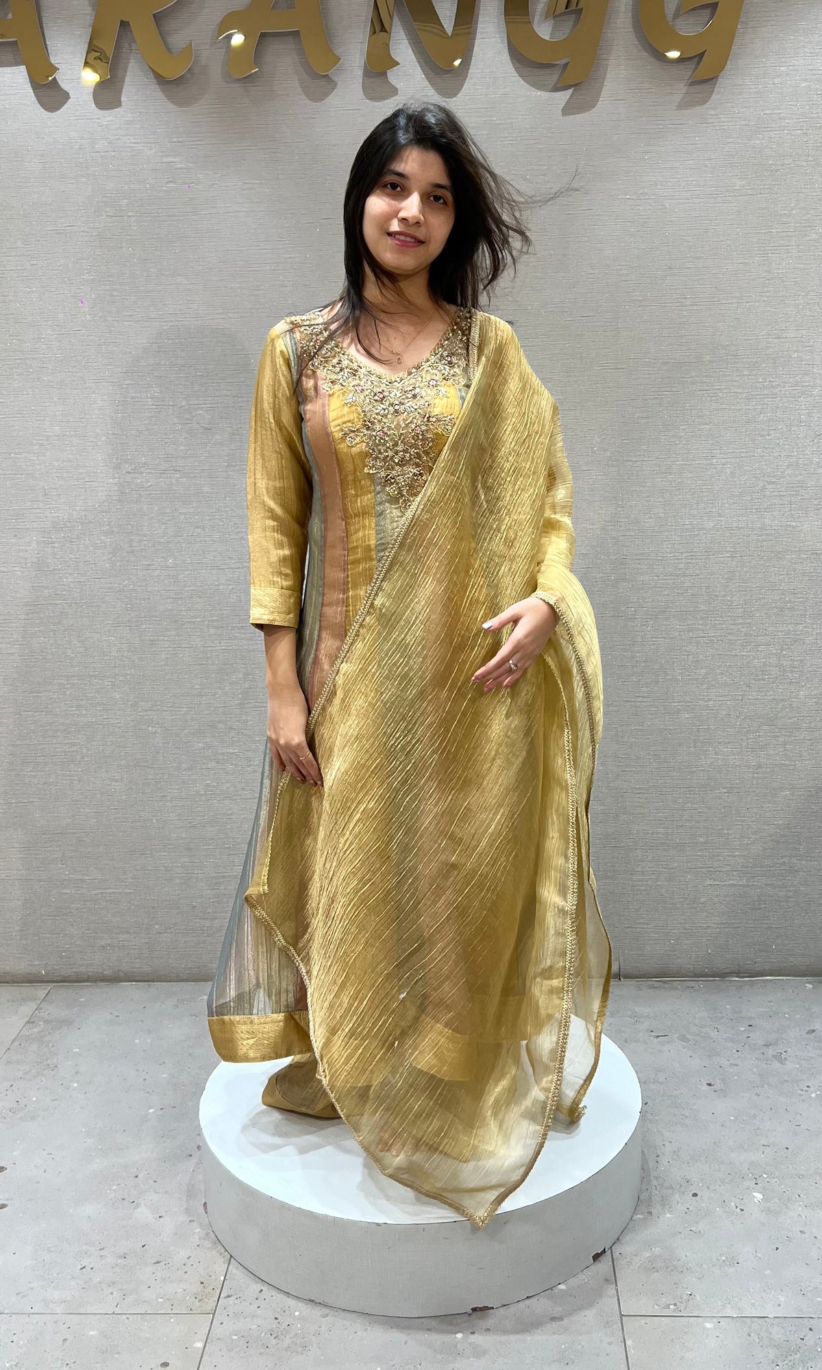 Gold Tissue silk anarkali set with dupatta