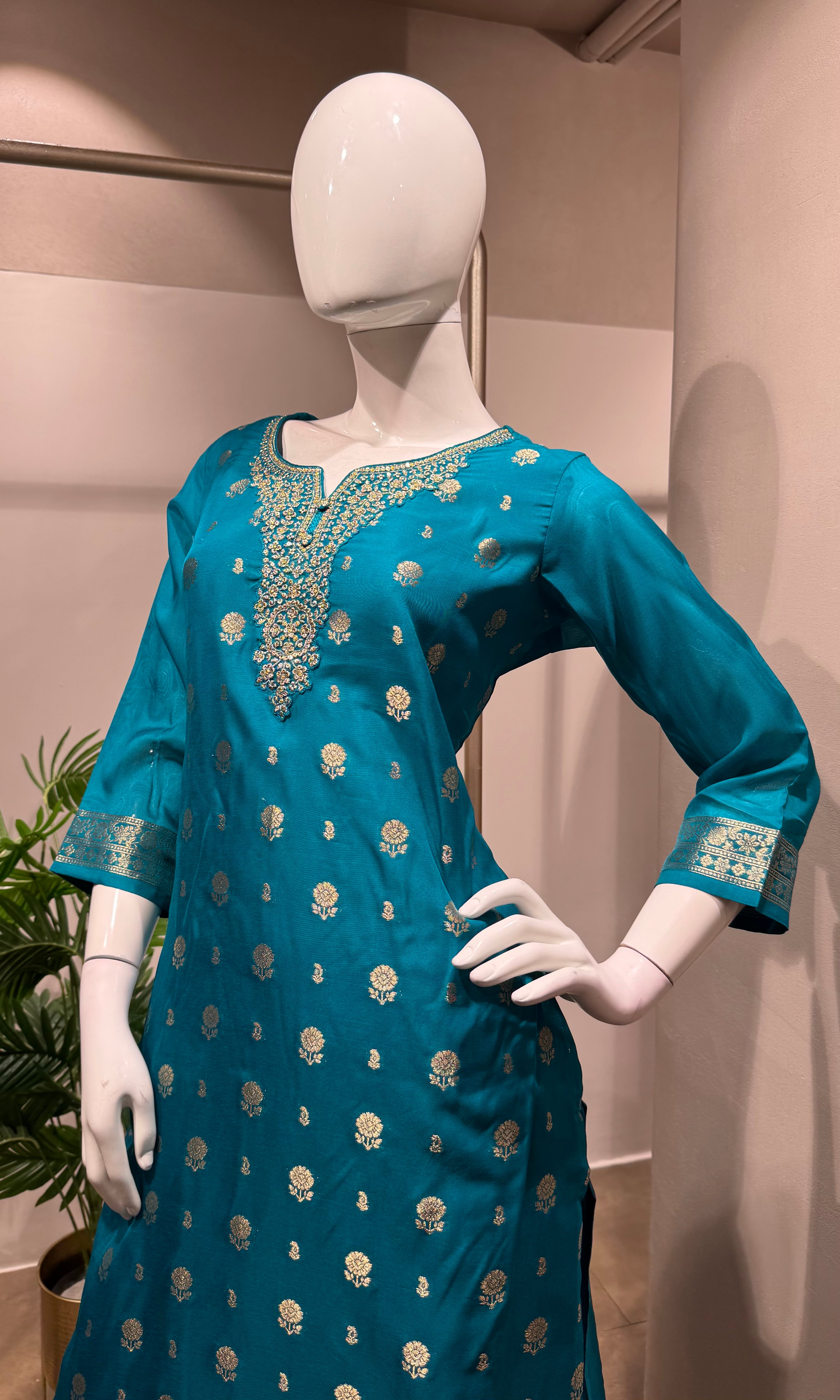 Rama blue silk kurta set with yellow dupatta