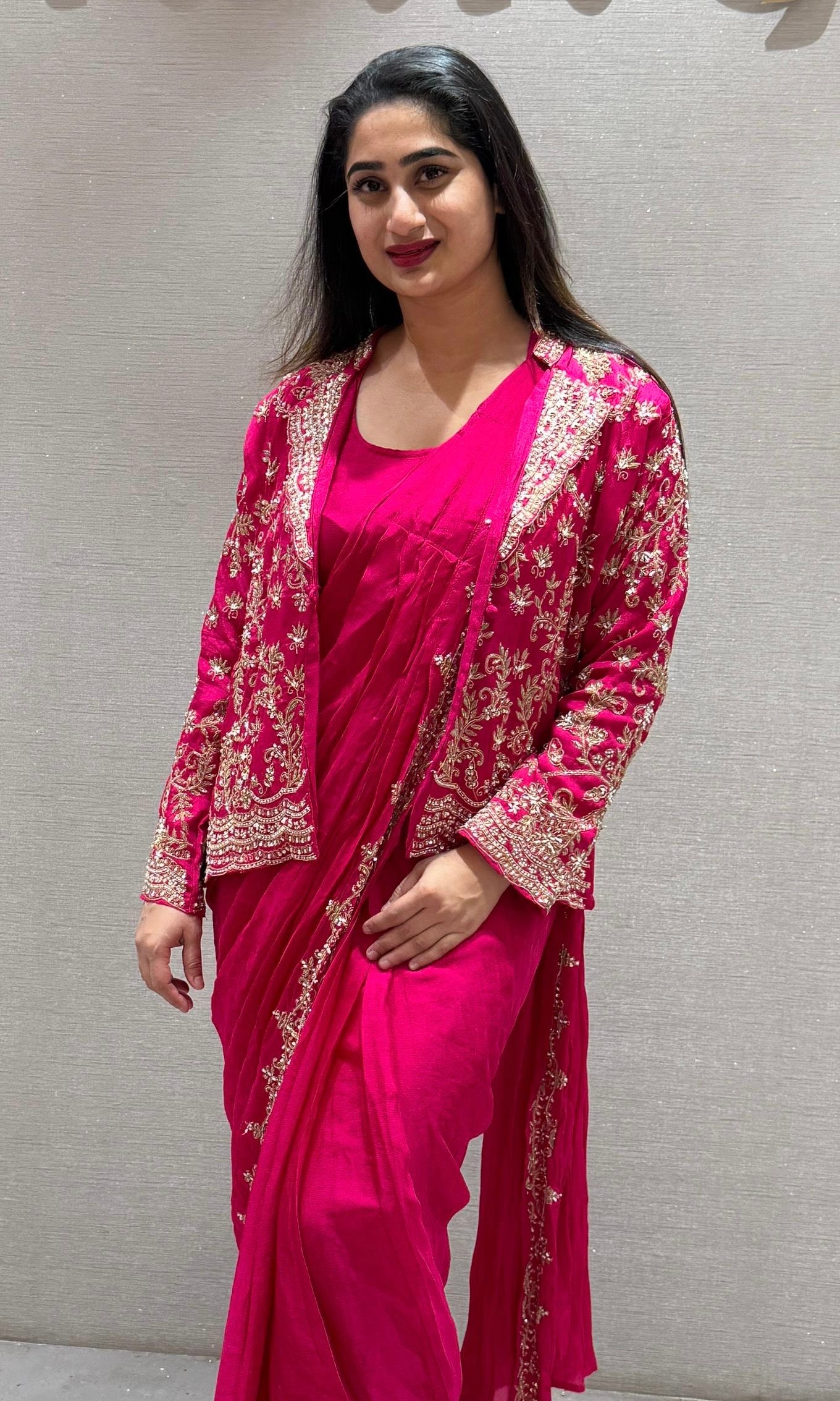 Pink Draped Saree with Embroidered Jacket