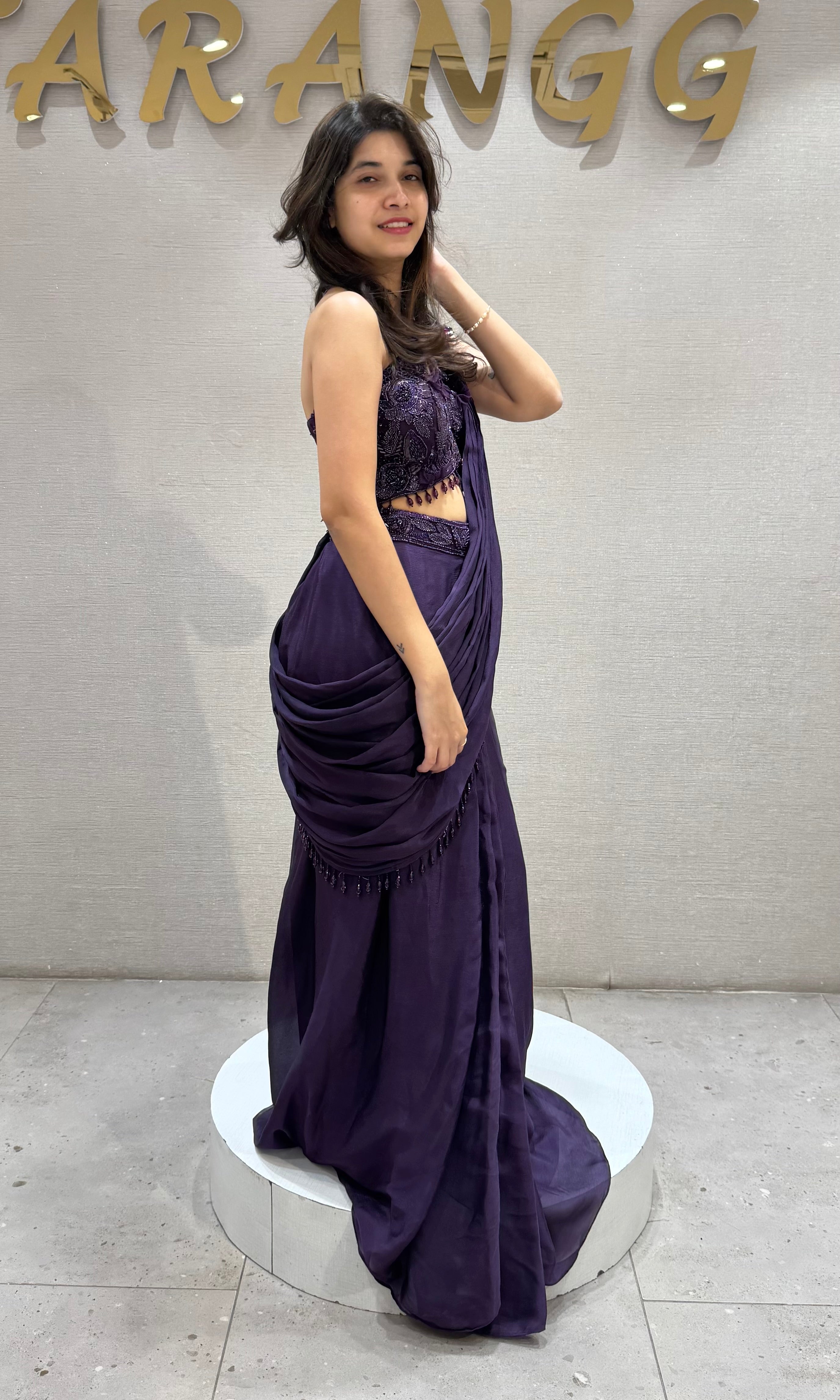 Wine Embellished Ruffle Drape Saree