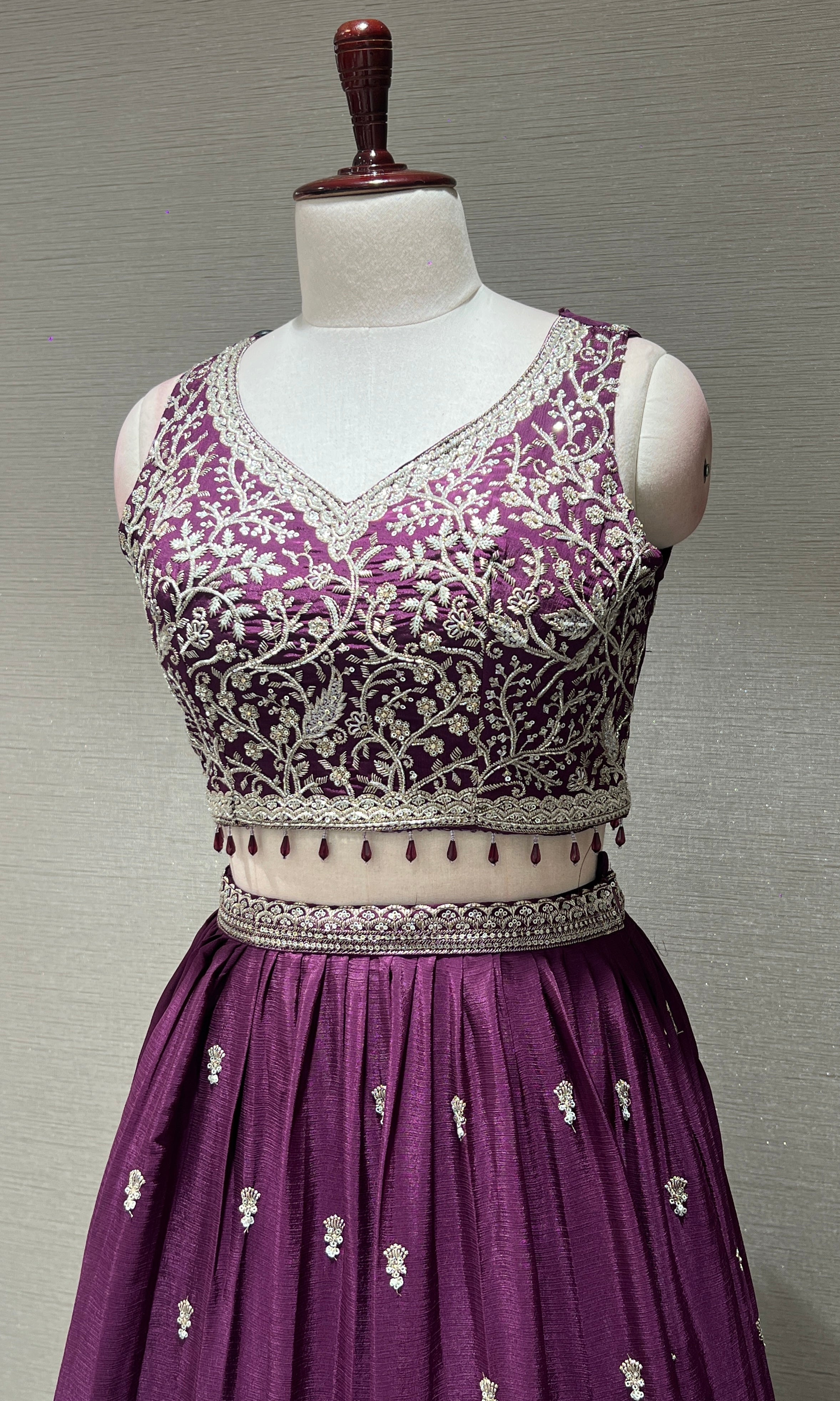 Wine Floral intricate Embroidery Lehenga