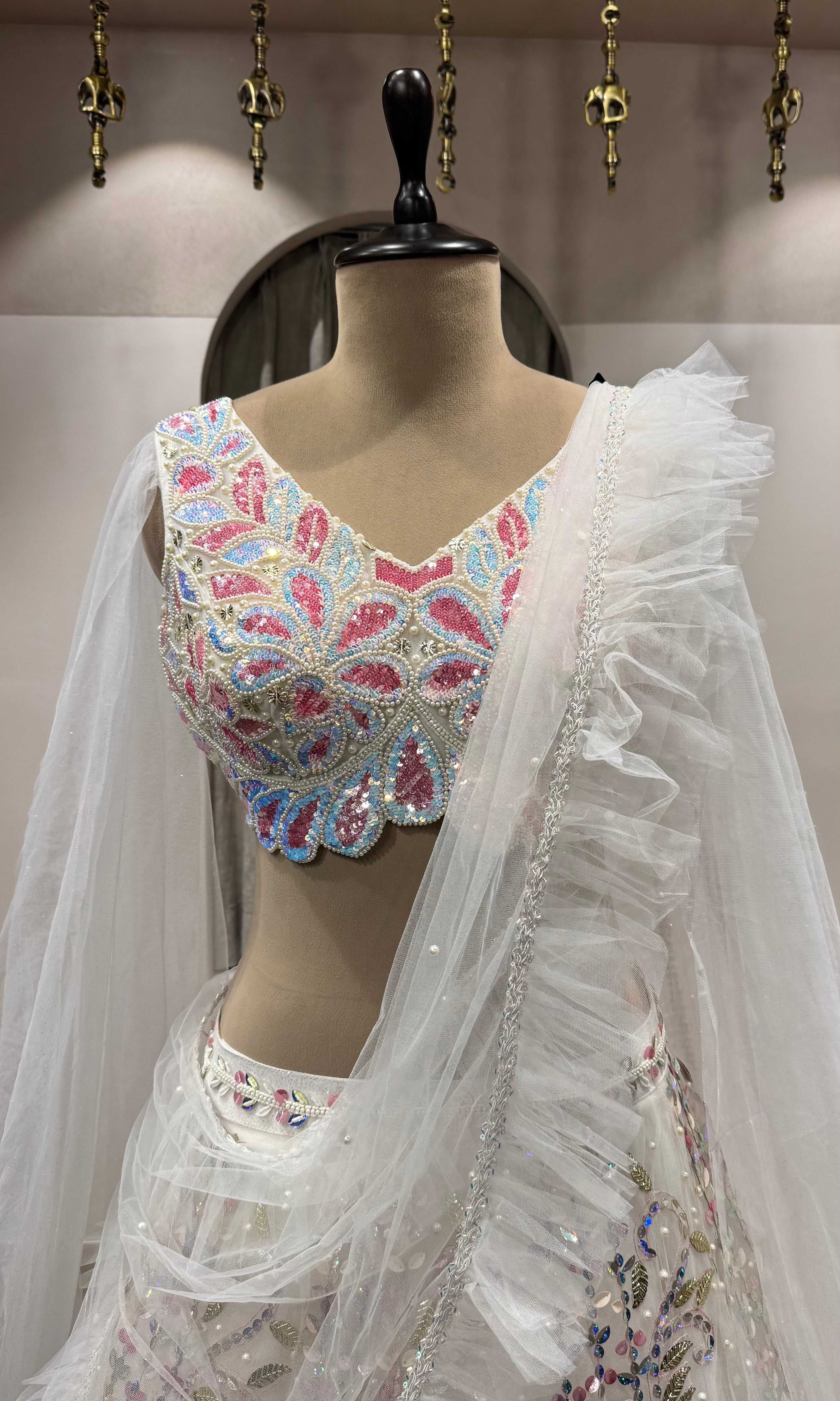 White Organza Lehenga with Pink Threadwork