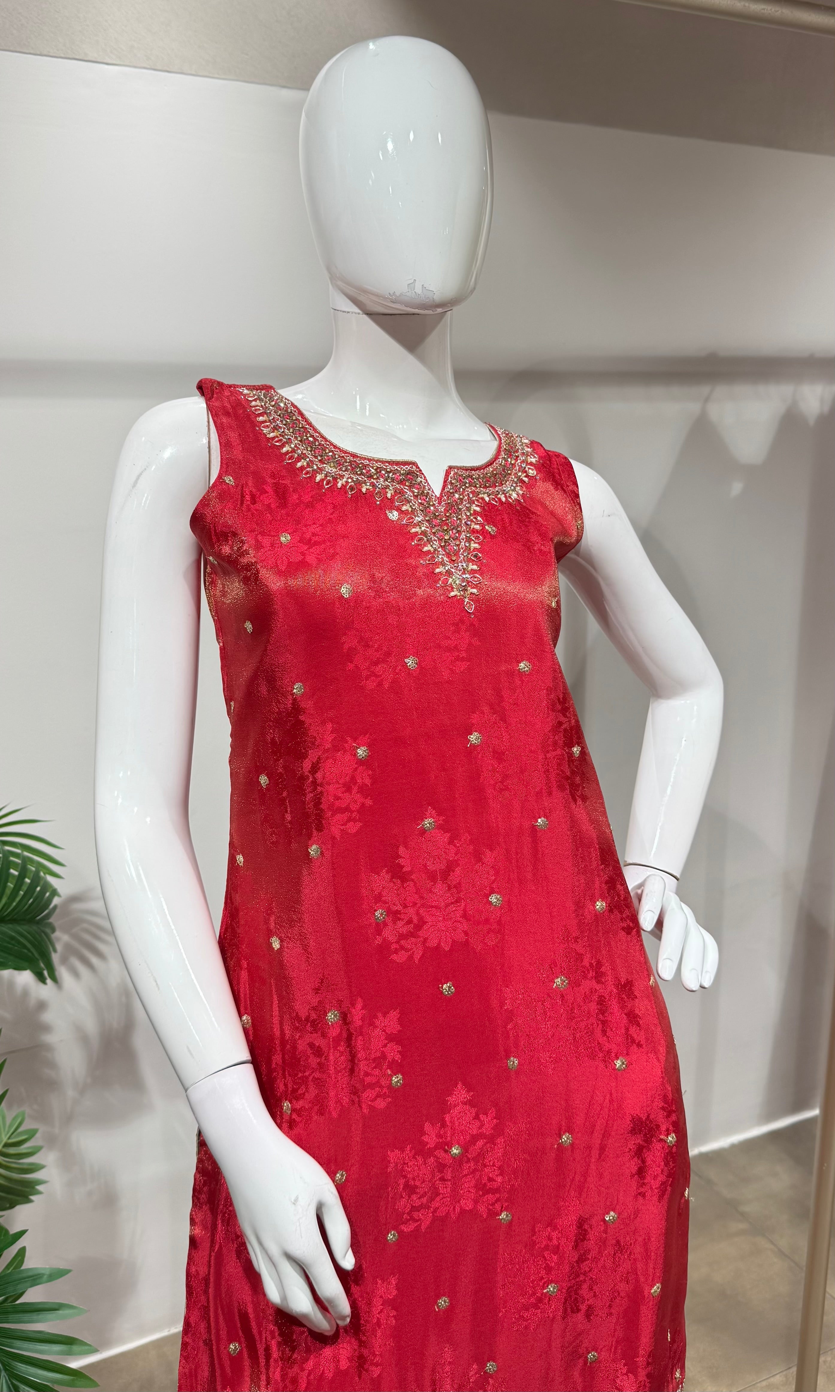 rani and gold embroidered kurta set