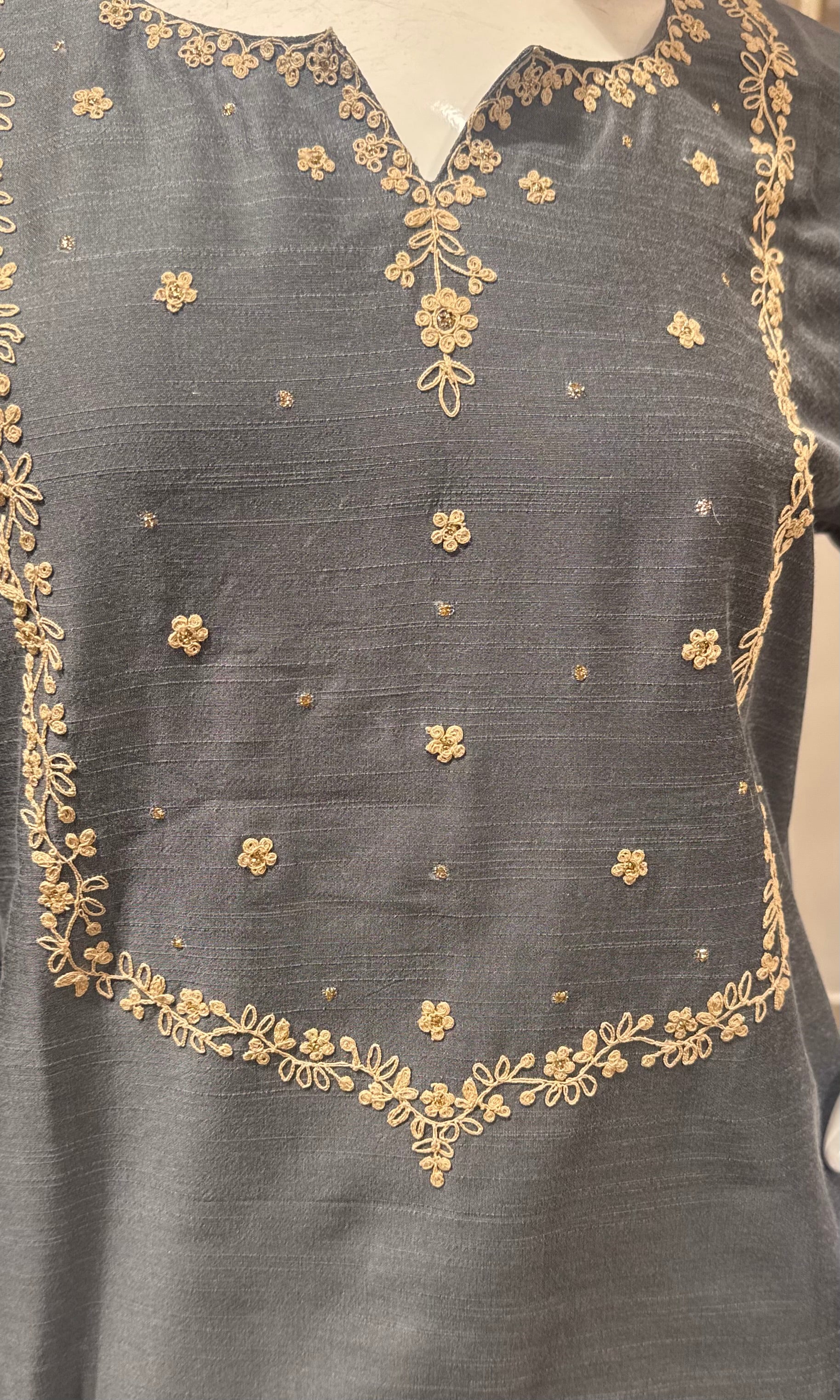 Slate Grey Silk Chanderi Kurta Set with Zari Embroidered