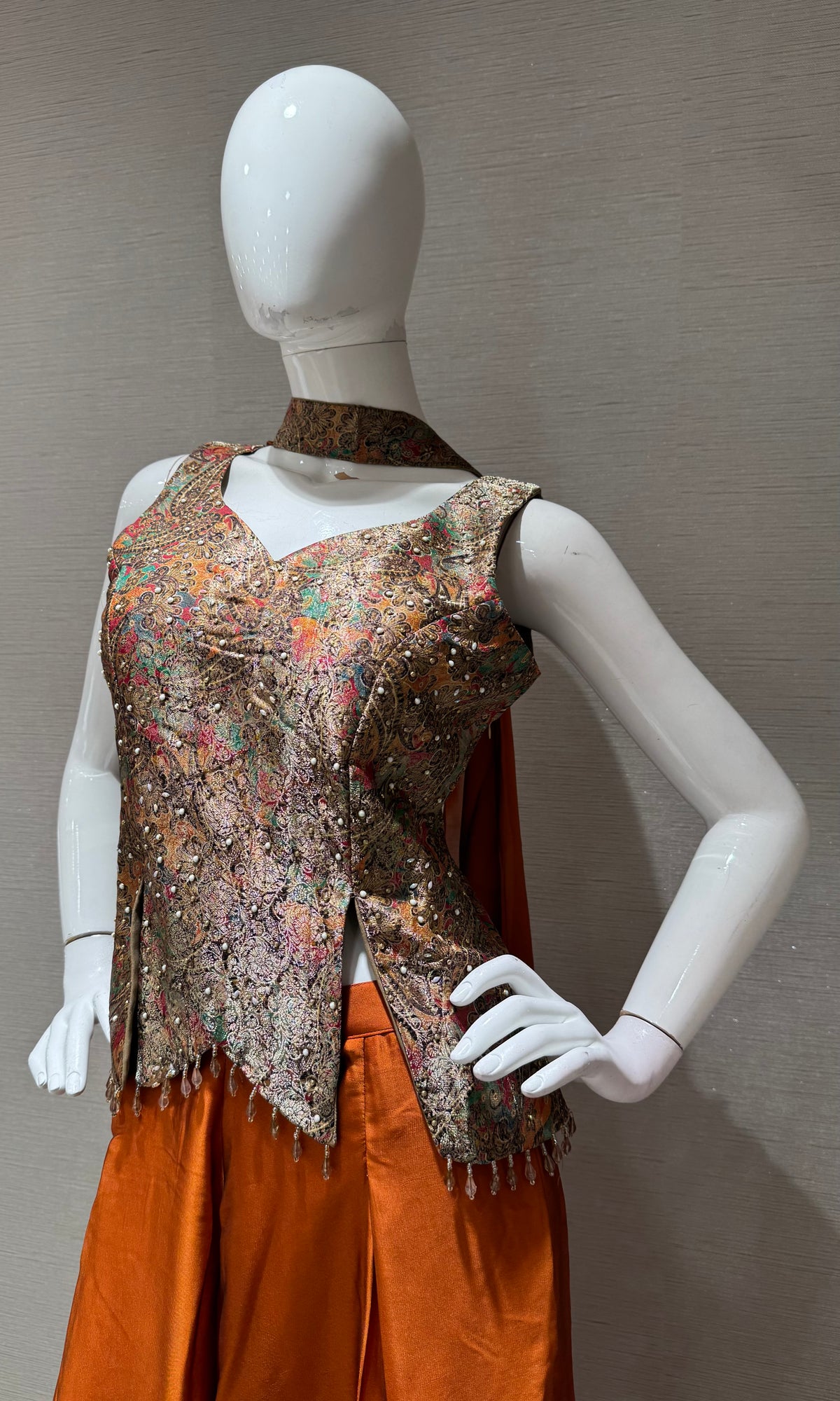 RUST Orange Silk Embroidered peplum palazzo set
