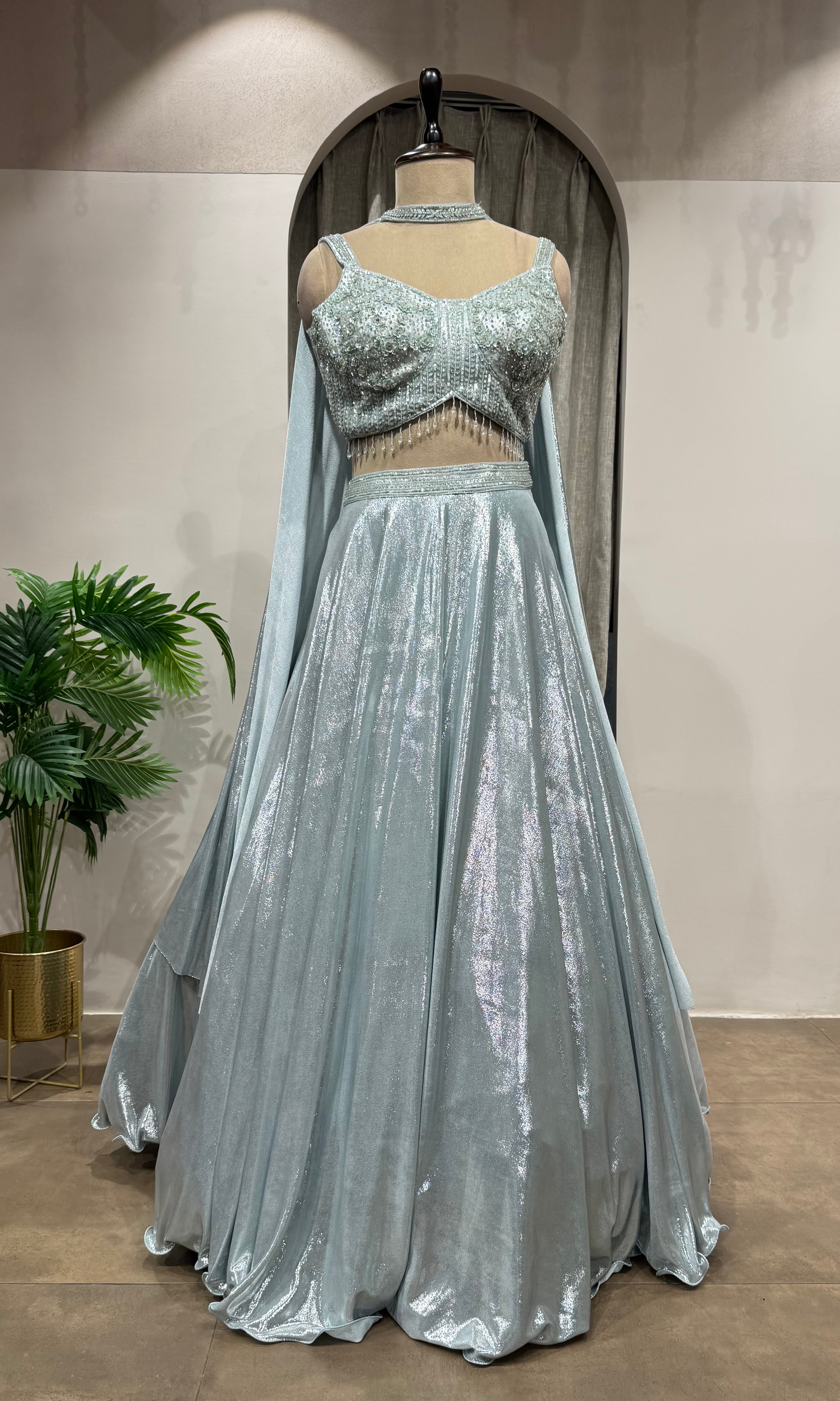 Sea Blue Shimmer Lehenga with Embroidered Blouse