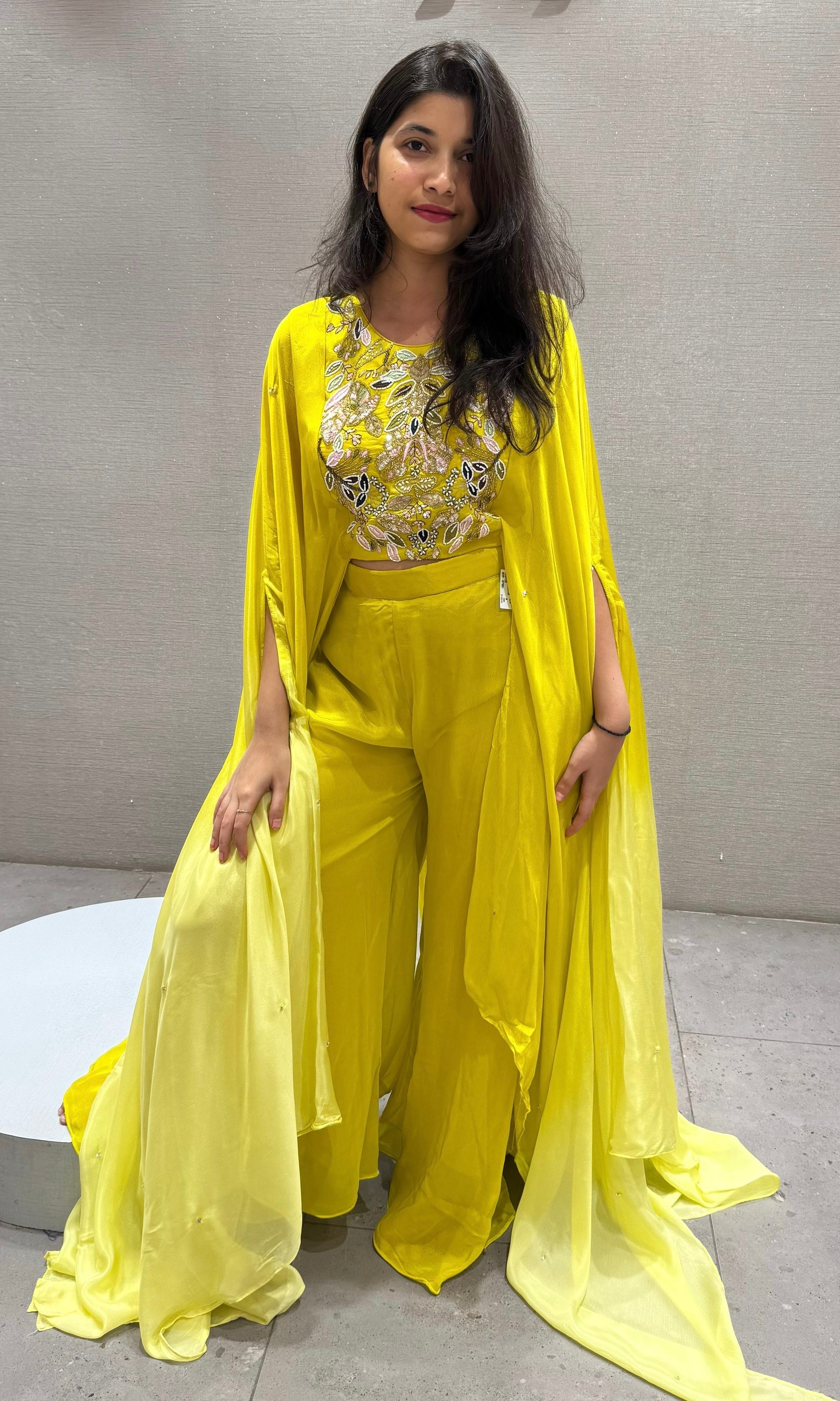 Yellow embroidered palazzo with a cape