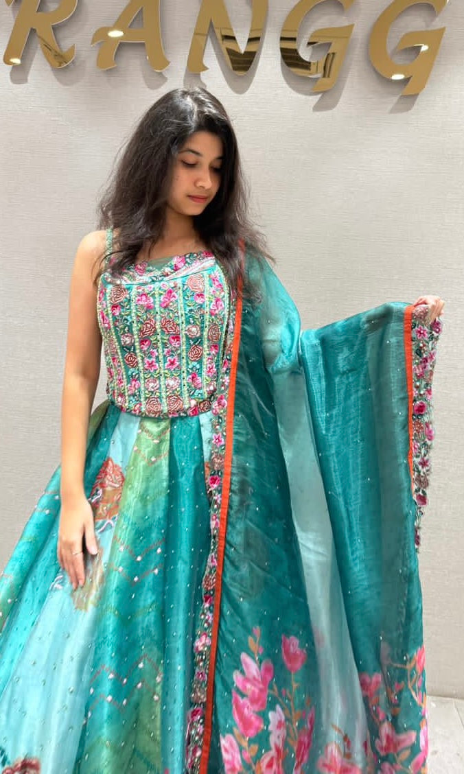 Teal BLUE Bloom Organza Lehenga