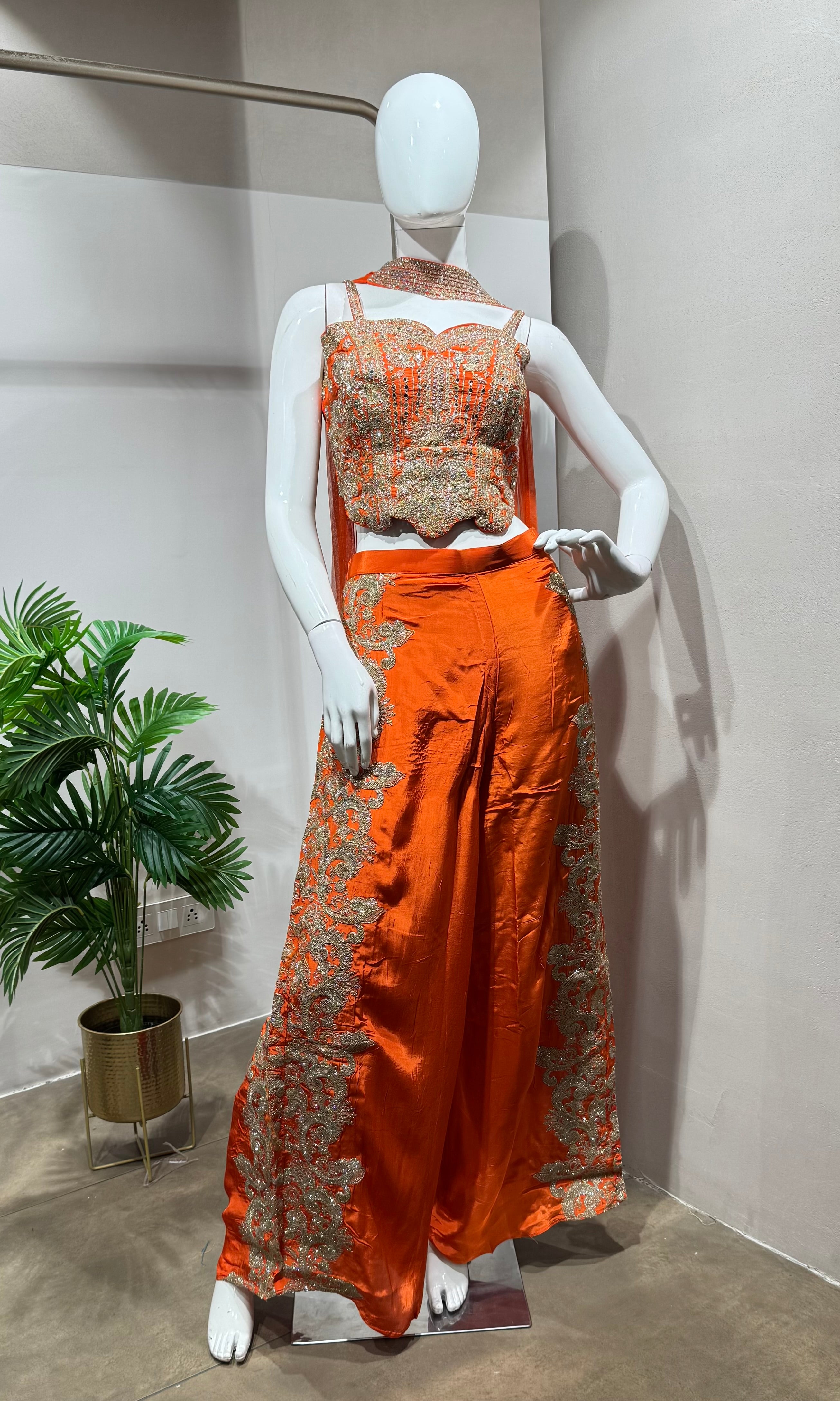 Orange embroidered Indo-Western palazzo set