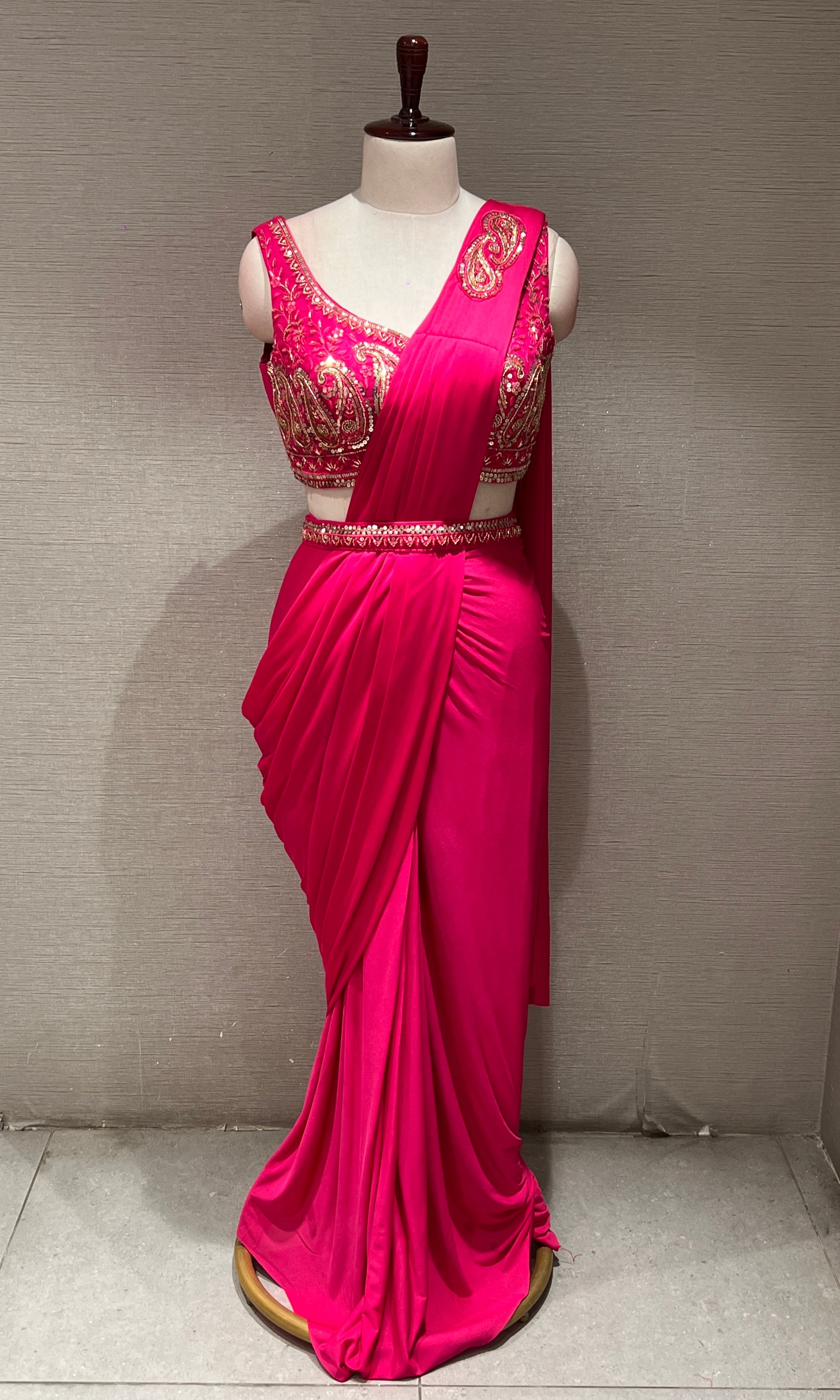 PINK Embellished Drape Saree WITH BLOUSE & BELT