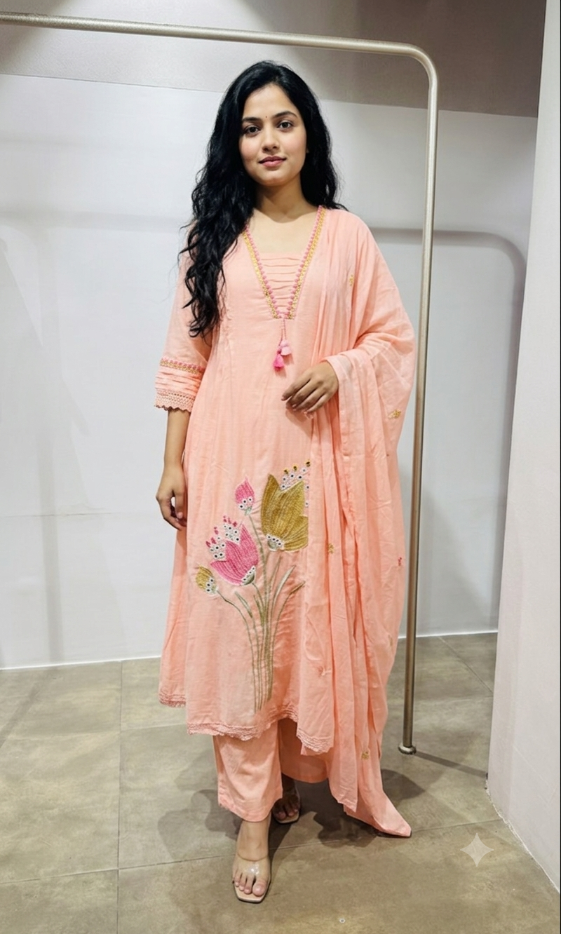 Pink Floral embroidered kurta set