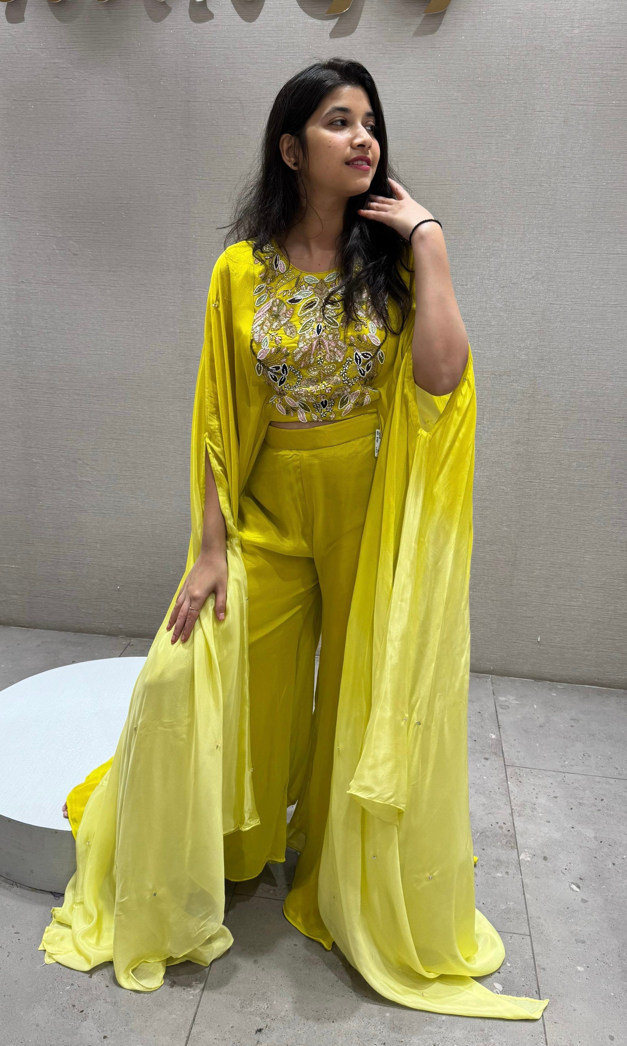 Yellow embroidered palazzo with a cape