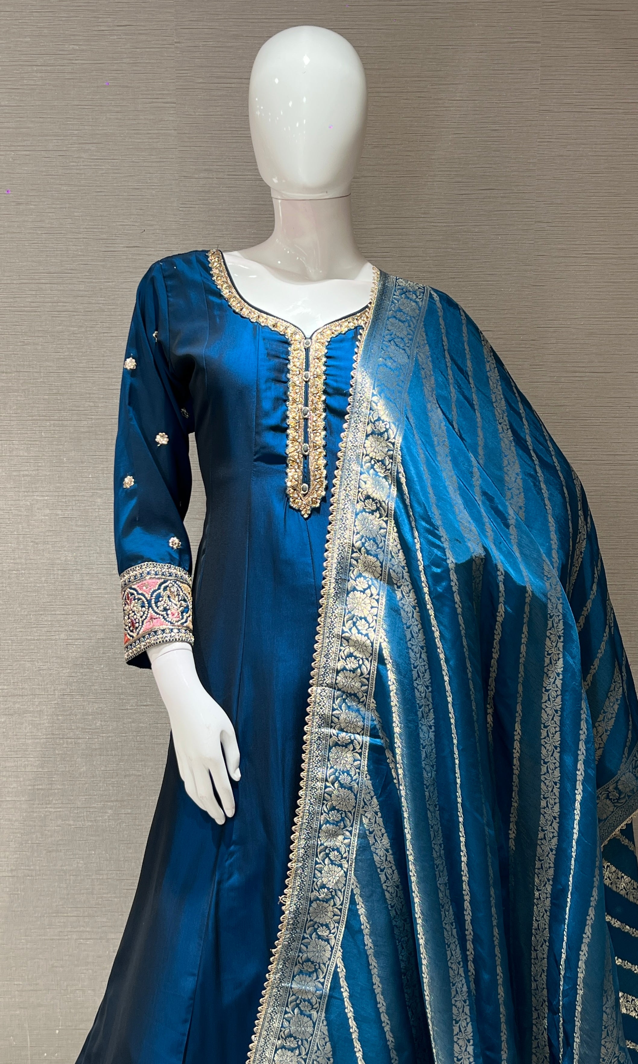Rama blue gold embroidery Anarkali set