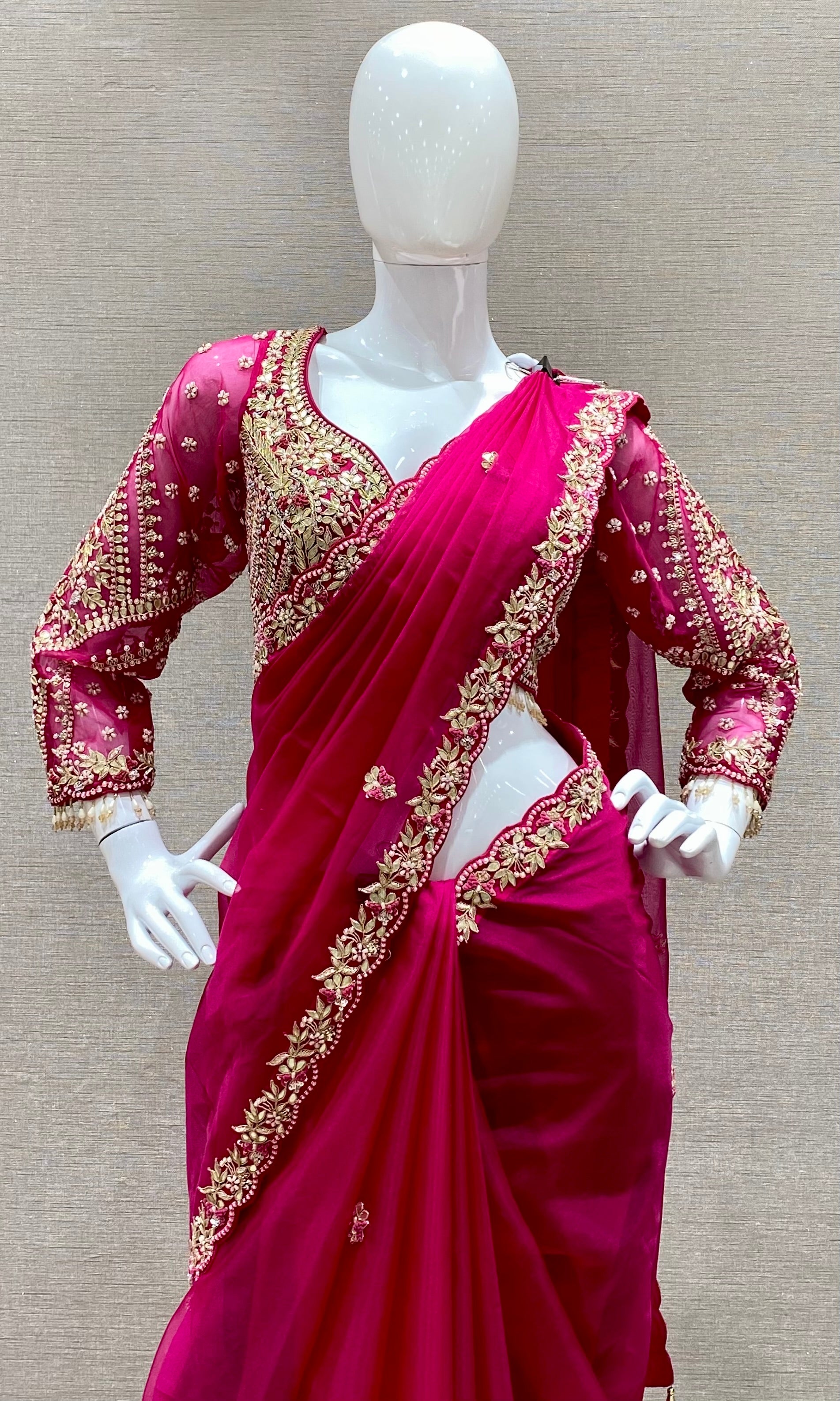 Magenta Pink saree with embroidery ready blouse