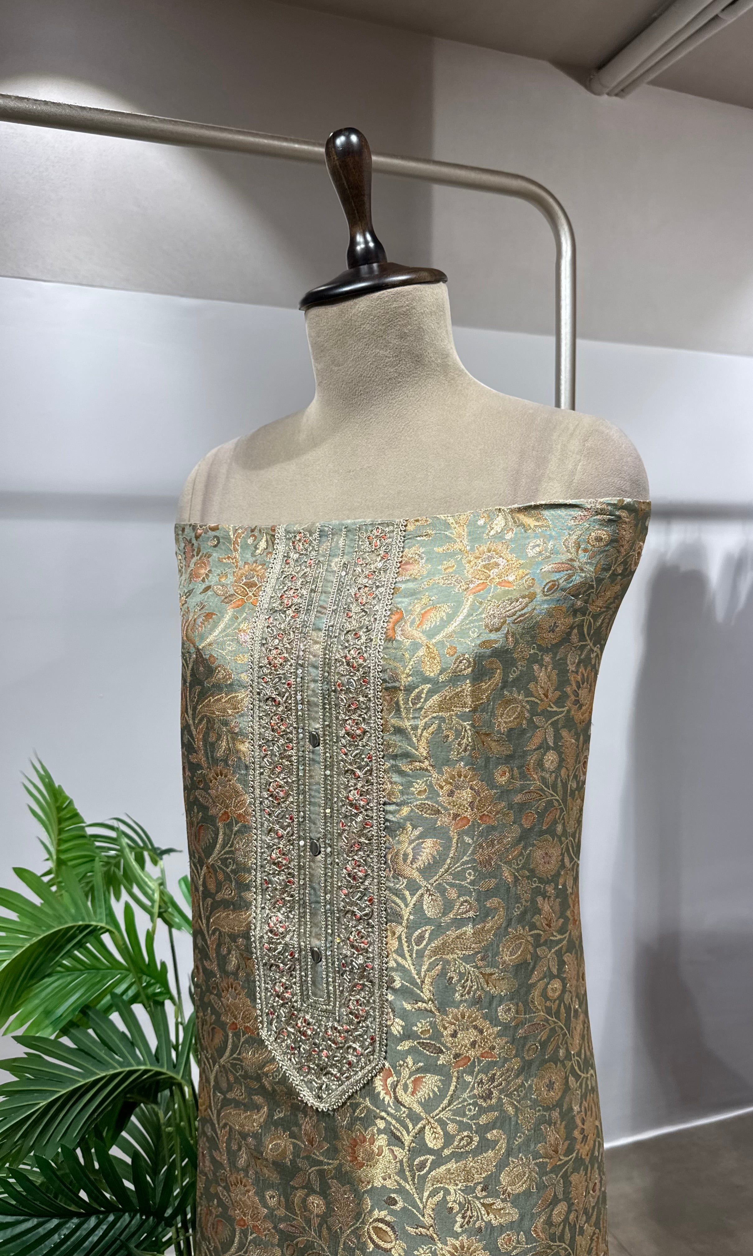 PISTA GREEN BANARASI SILK DRESS MATERIAL
