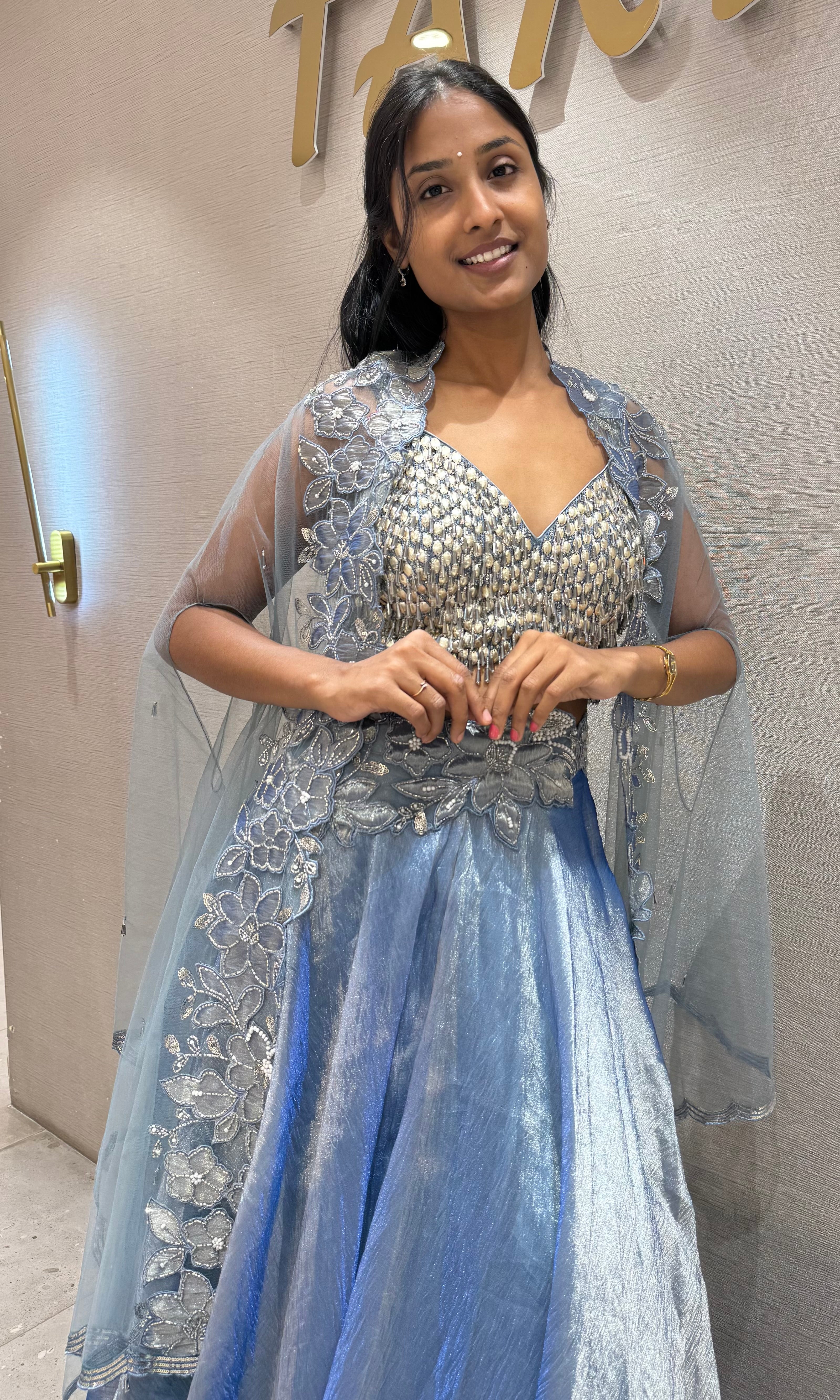 Blue embroidered Lehenga set with Silver Sequin Shrug