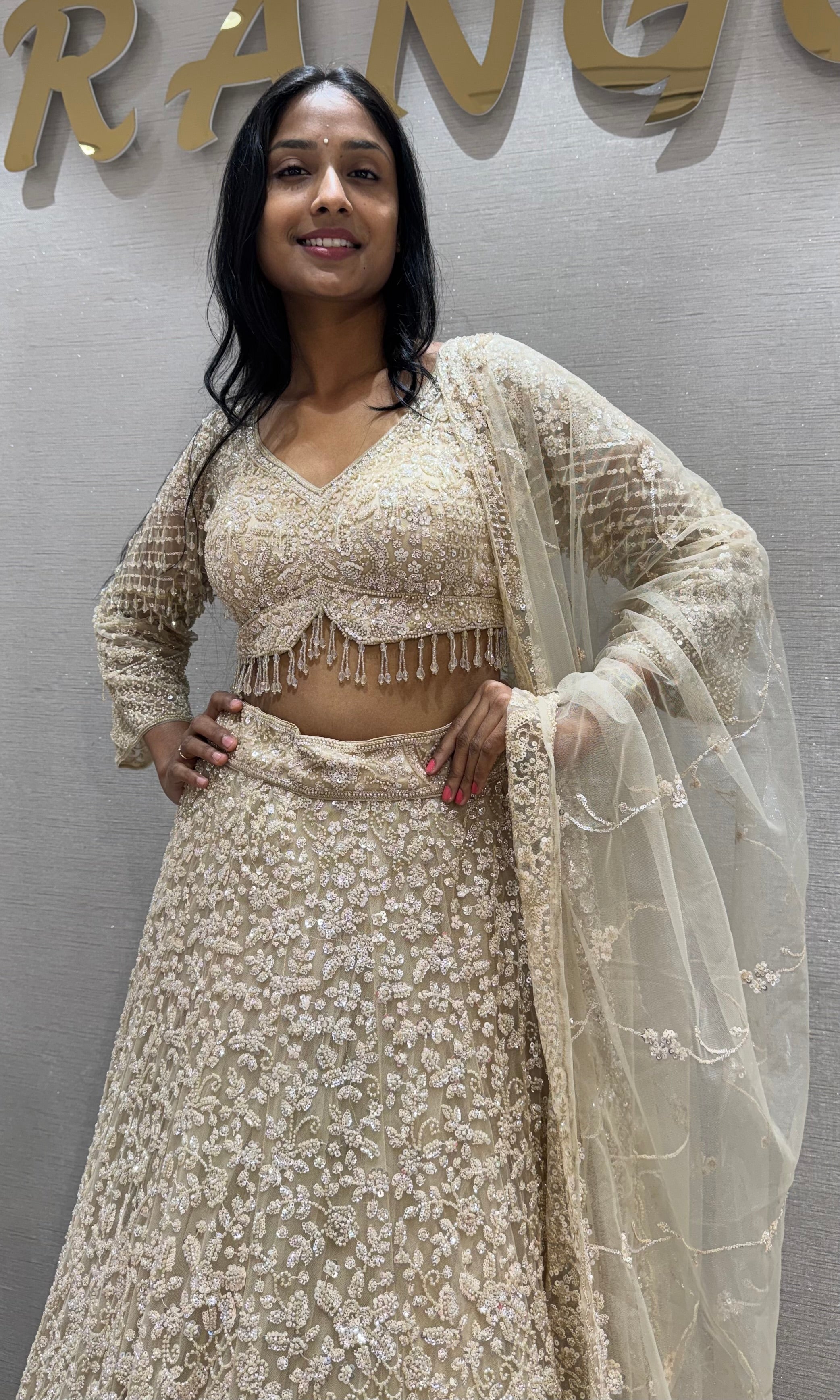 Ivory Net Sequin Embroidered Lehenga Set