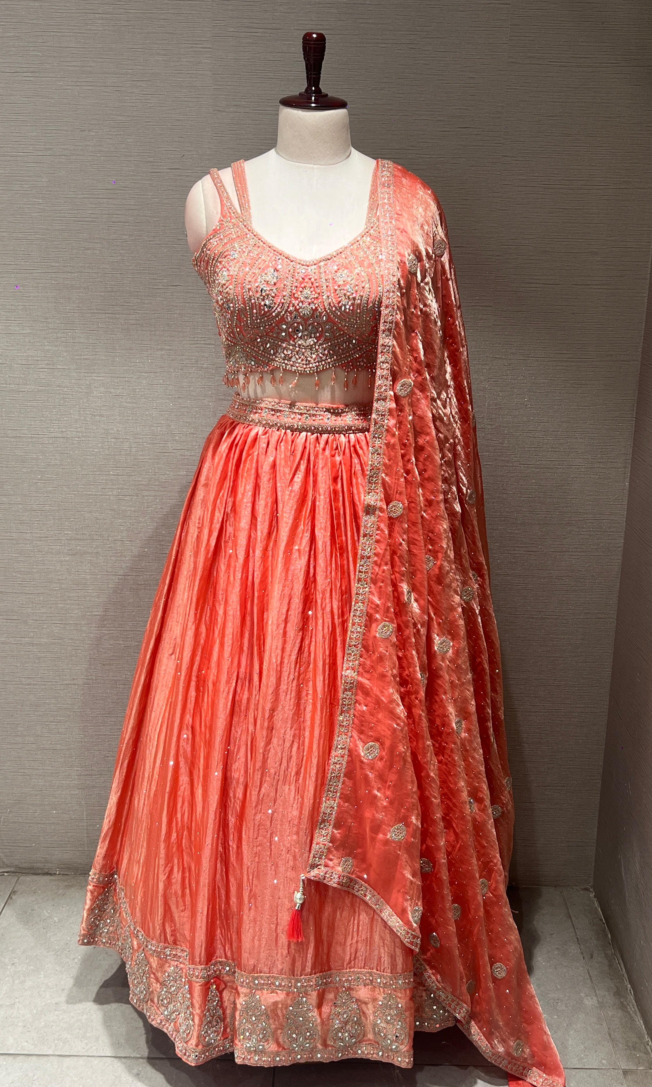 Peach embroidered silk Lehenga
