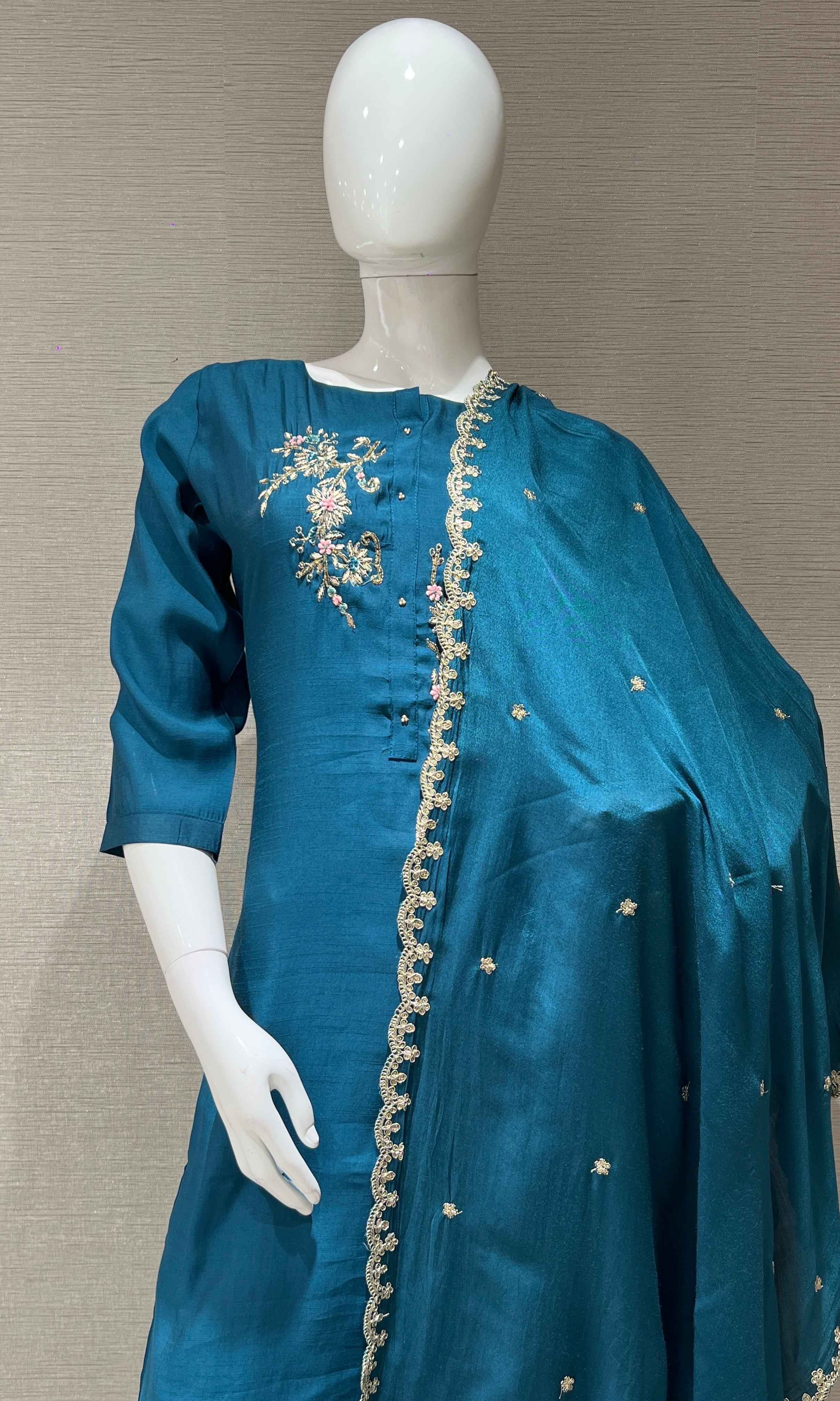 Blue Embroidered Kurta set with dupatta