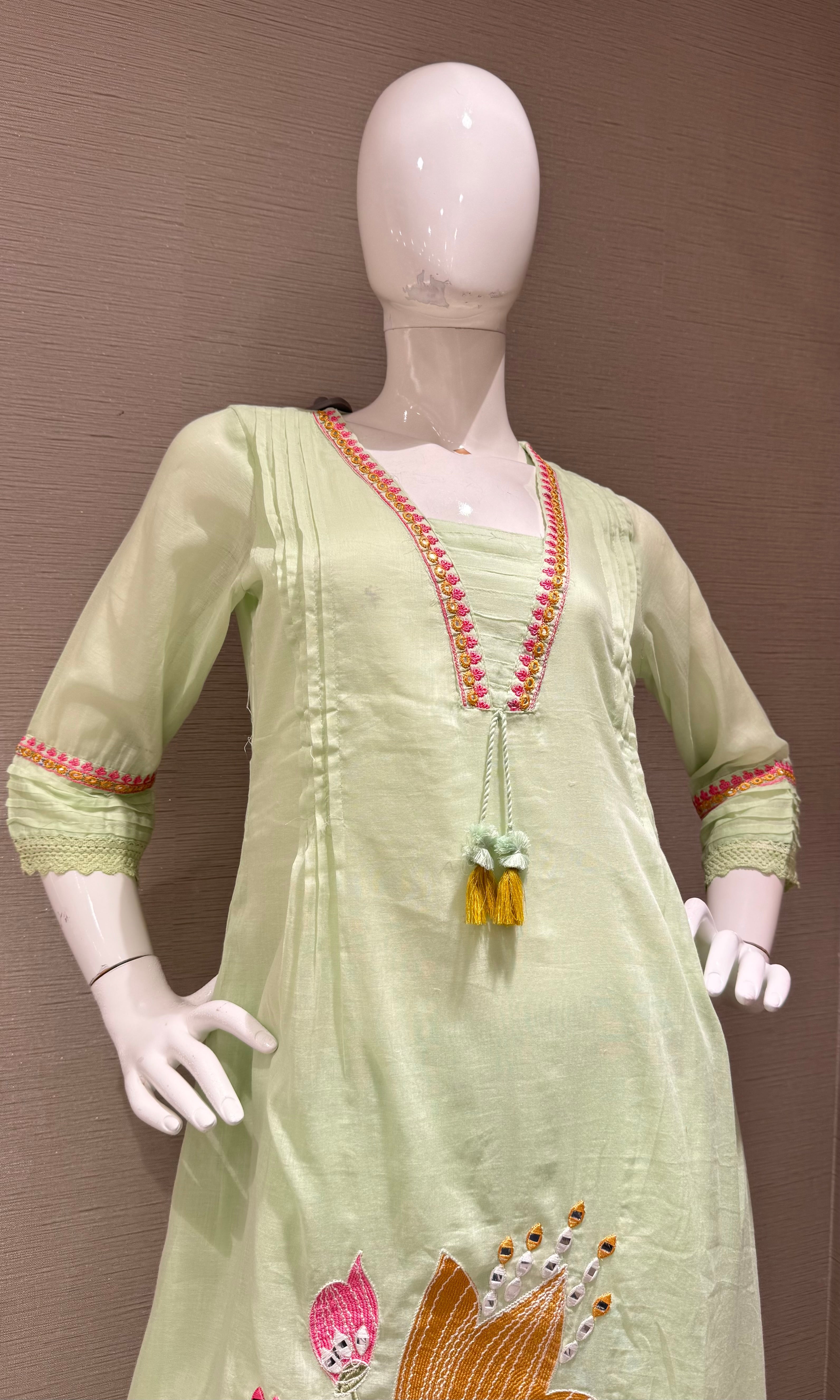 Pista Green Floral embroidered kurta set