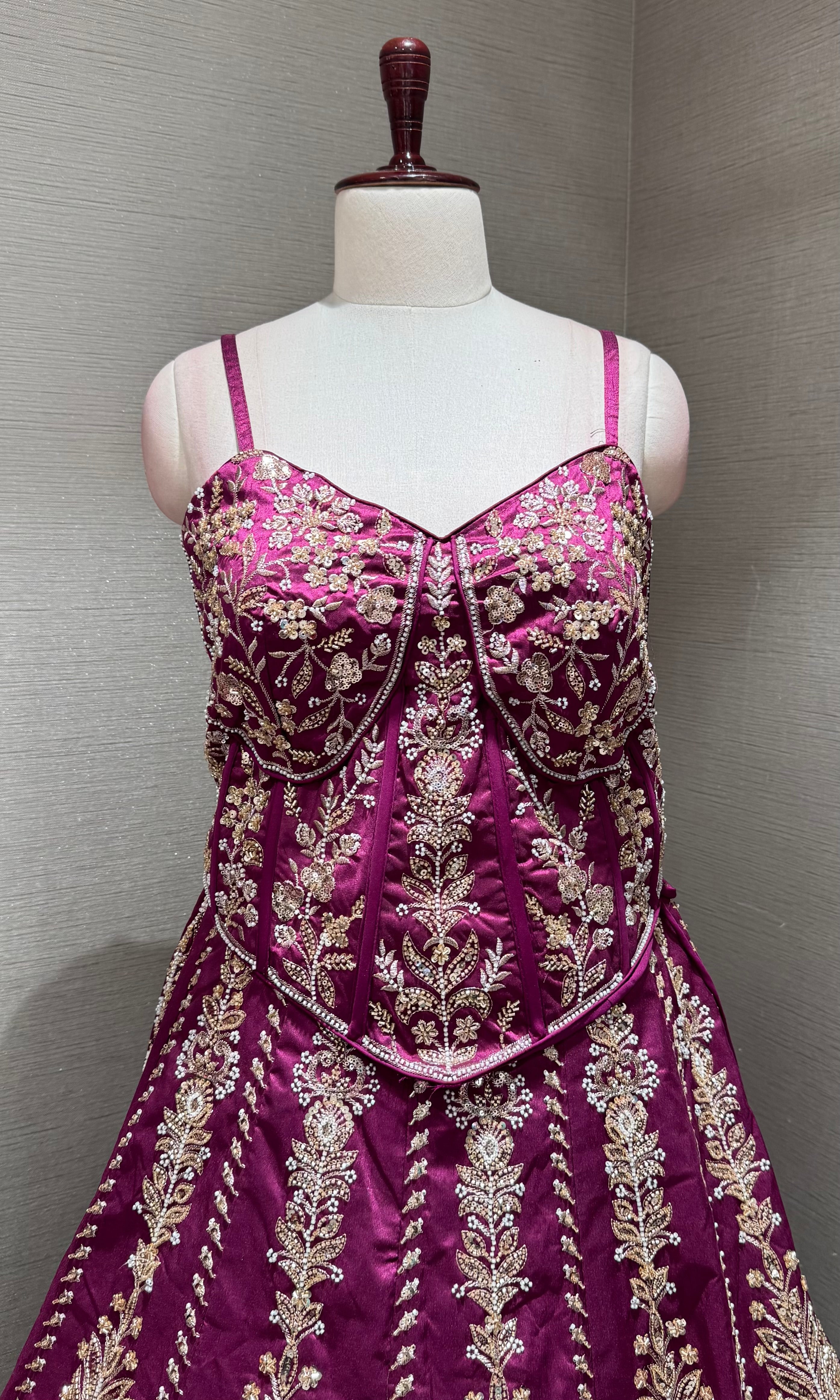 Wine embroidered peplum crop top lehenga set
