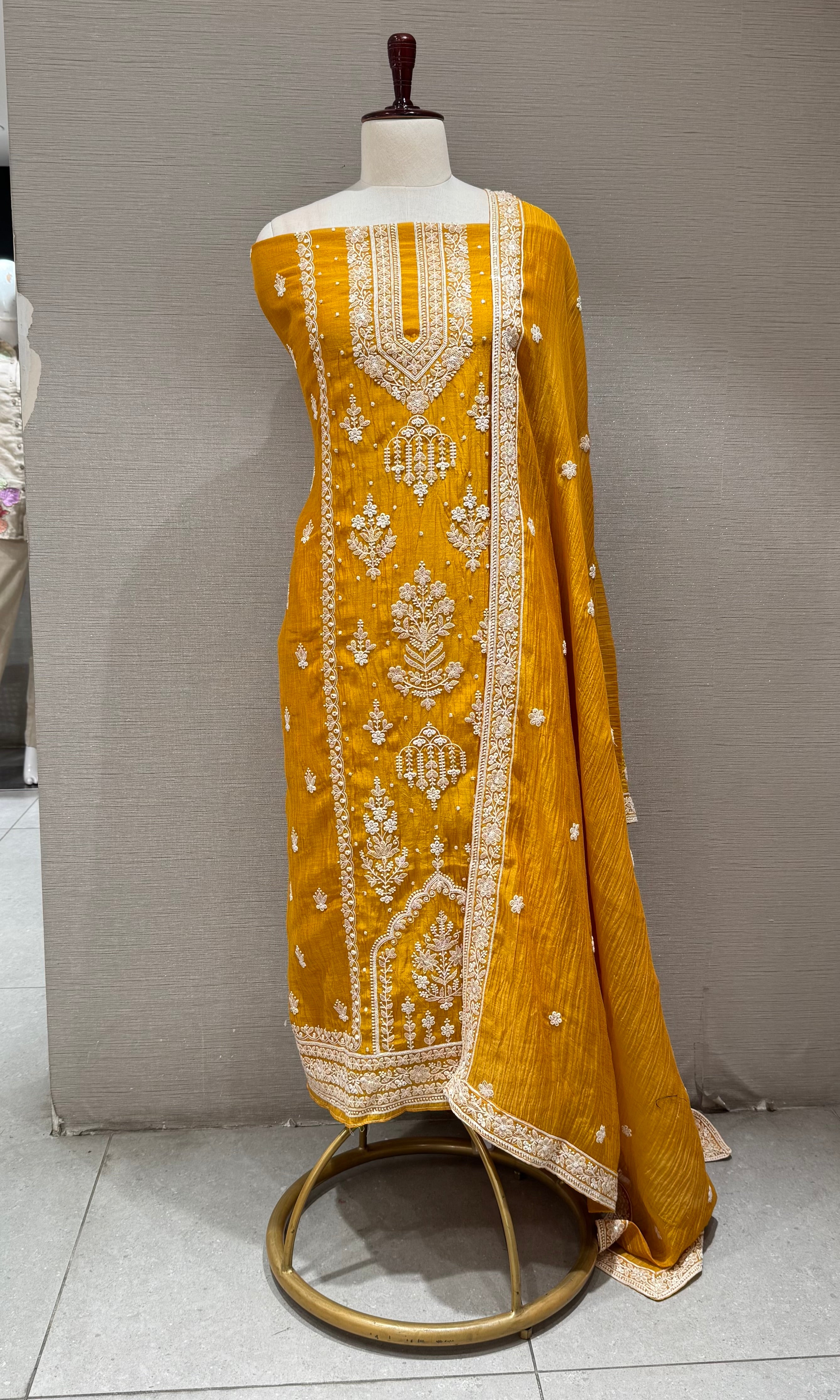 Mustard Yellow Embroidered Silk Dress Material Set
