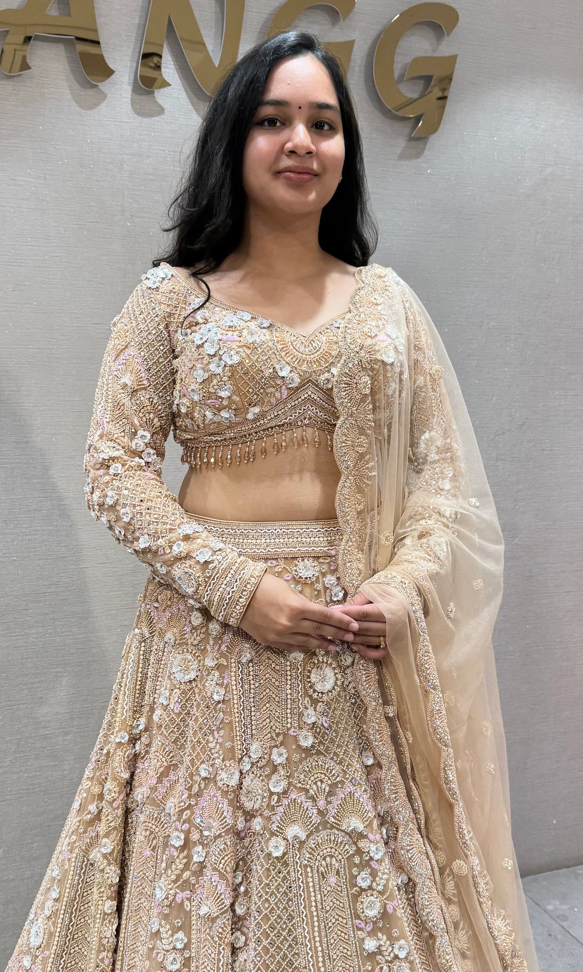 Chikoo Shimmering Ivory Crystal Bridal lehenga
