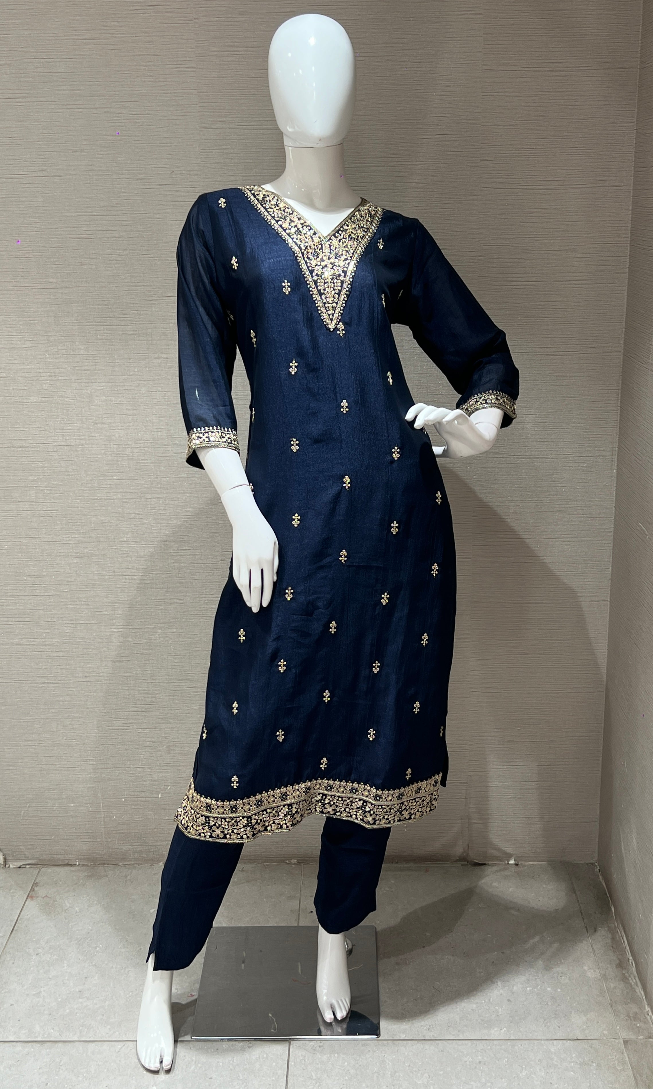 Navy blue kurta set with contrast gold duppatta