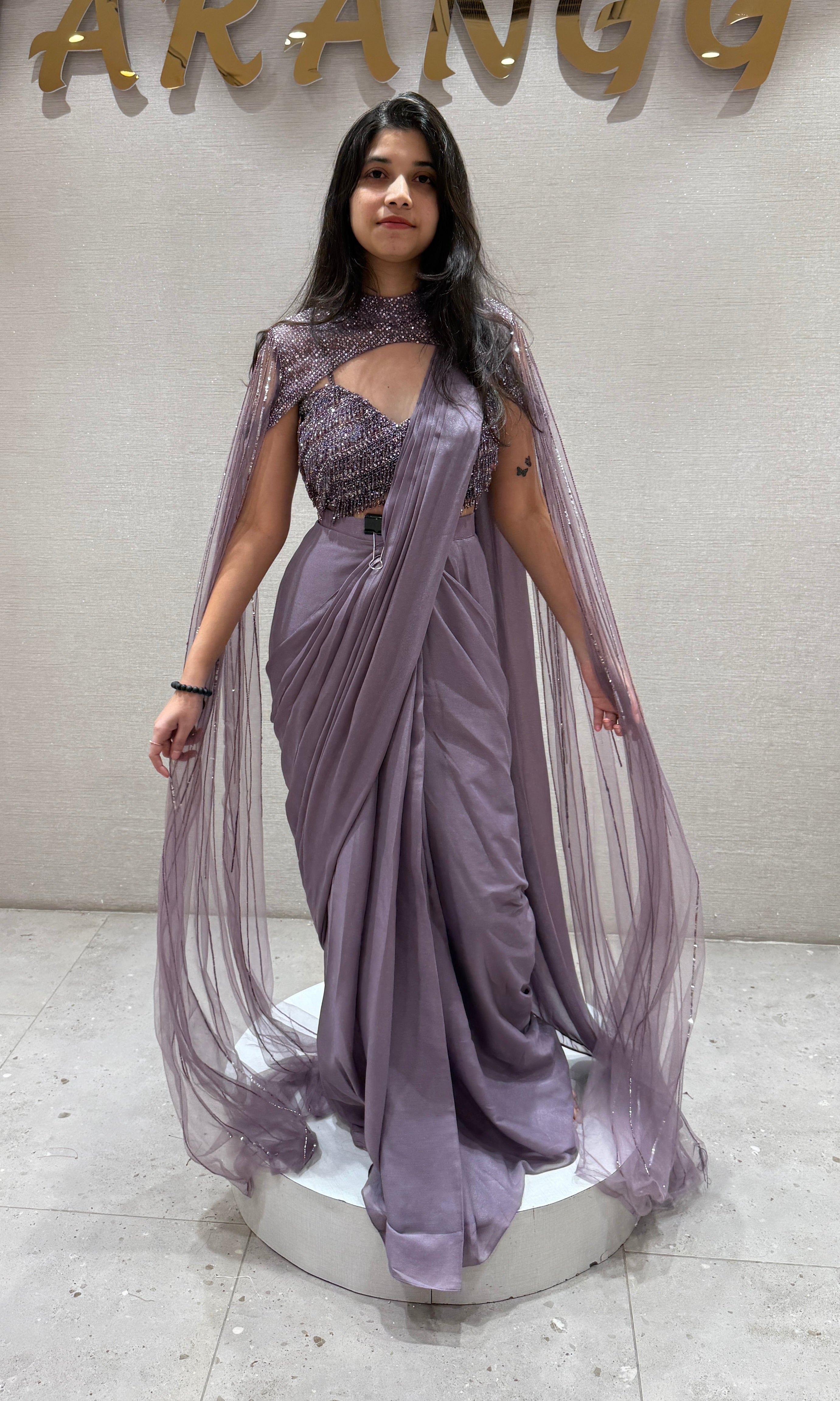 Lilac Sequin Draped Sareee with cape