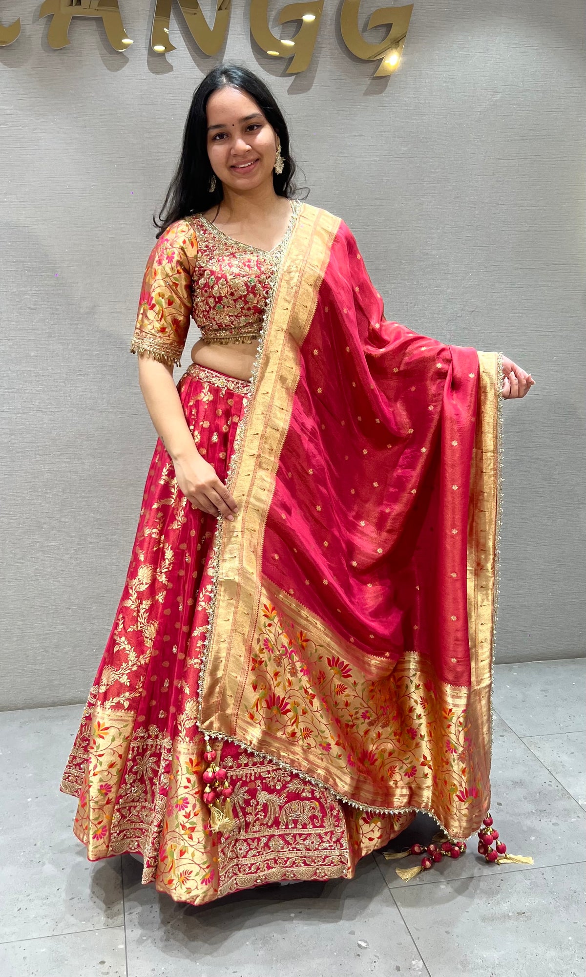 Rani and Gold Embroidered Banarasi Silk Lehenga Set