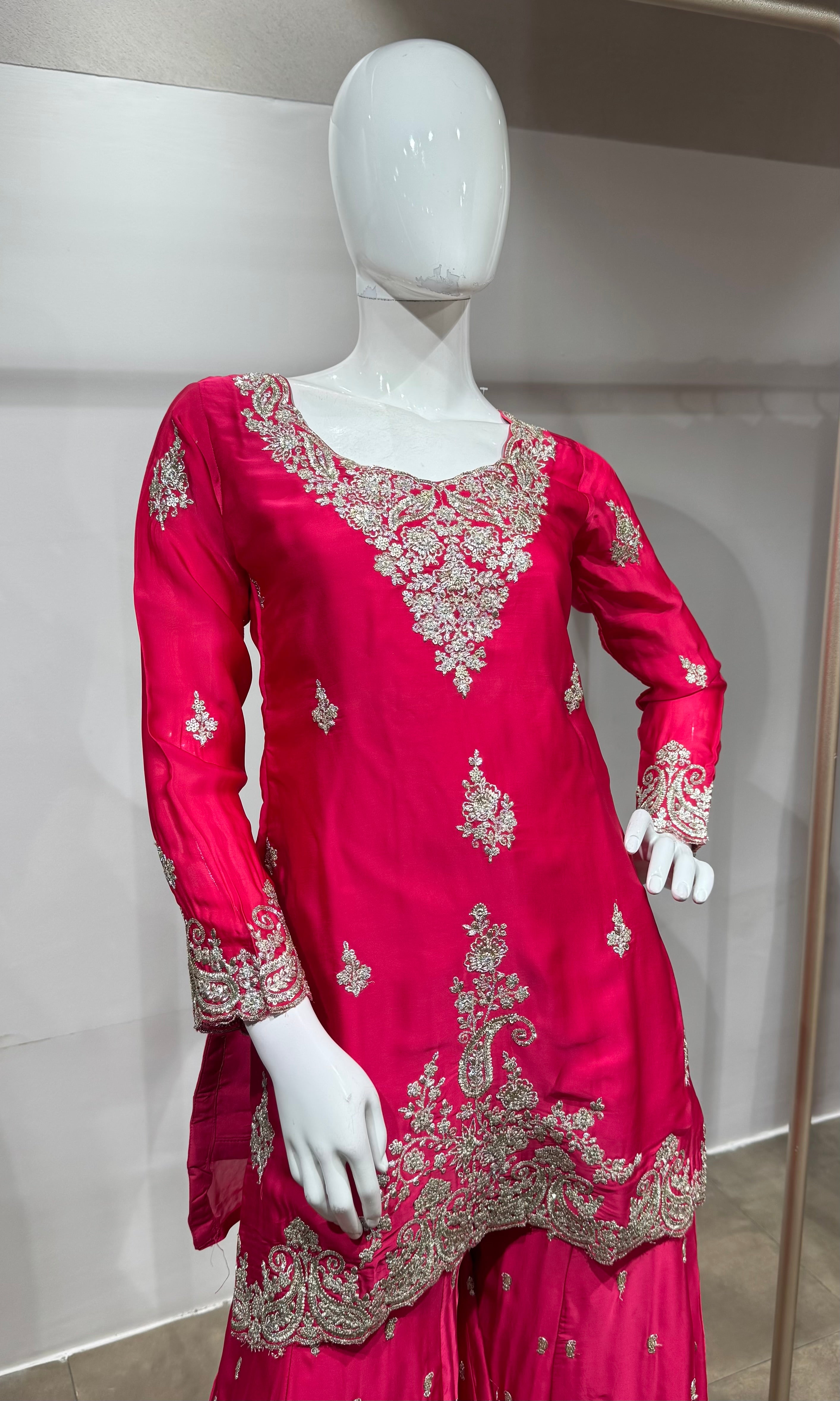 Rani Pink Silk Embroidered Sharara Set