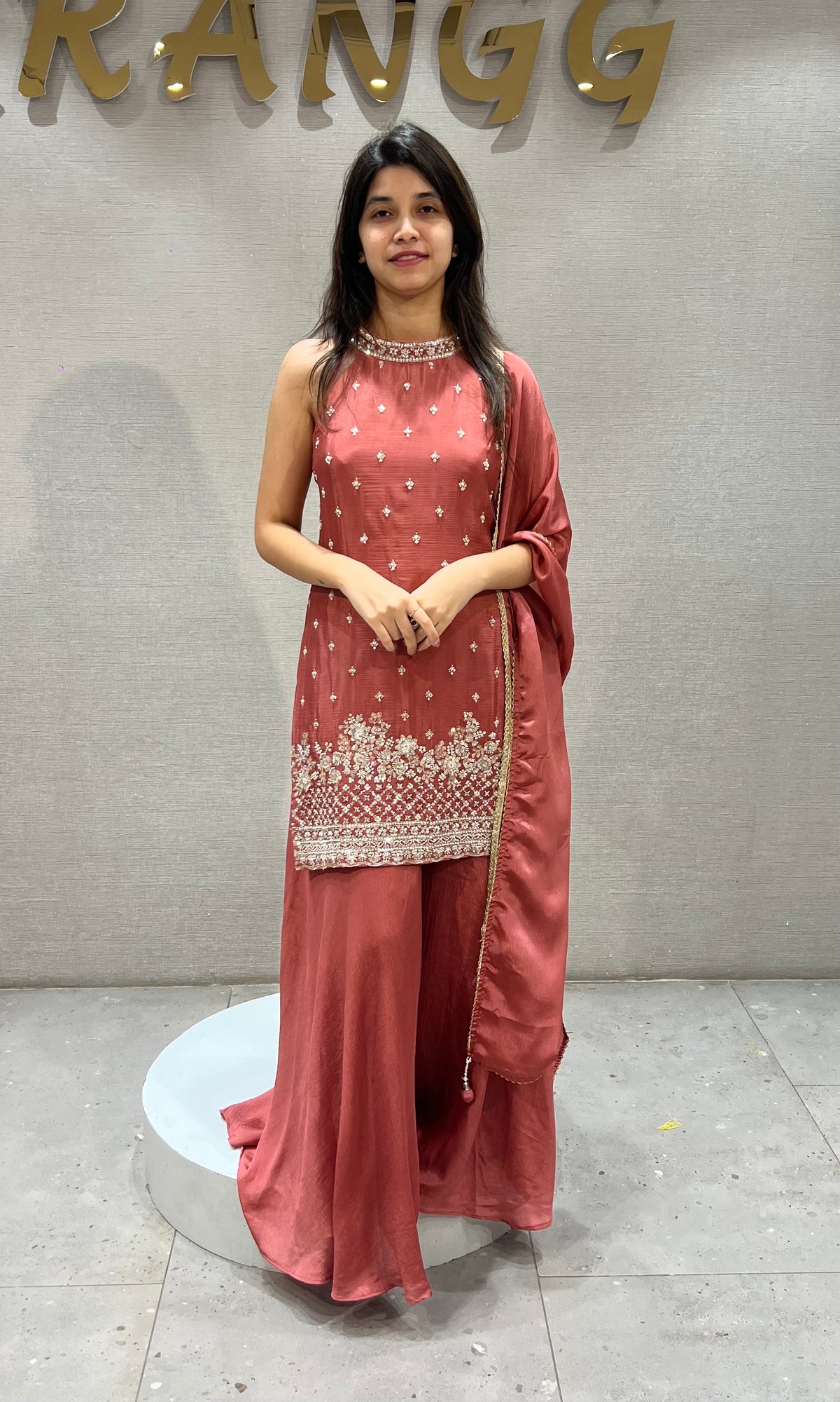 Rust Silk Embroidered Kurta and Palazzo Set