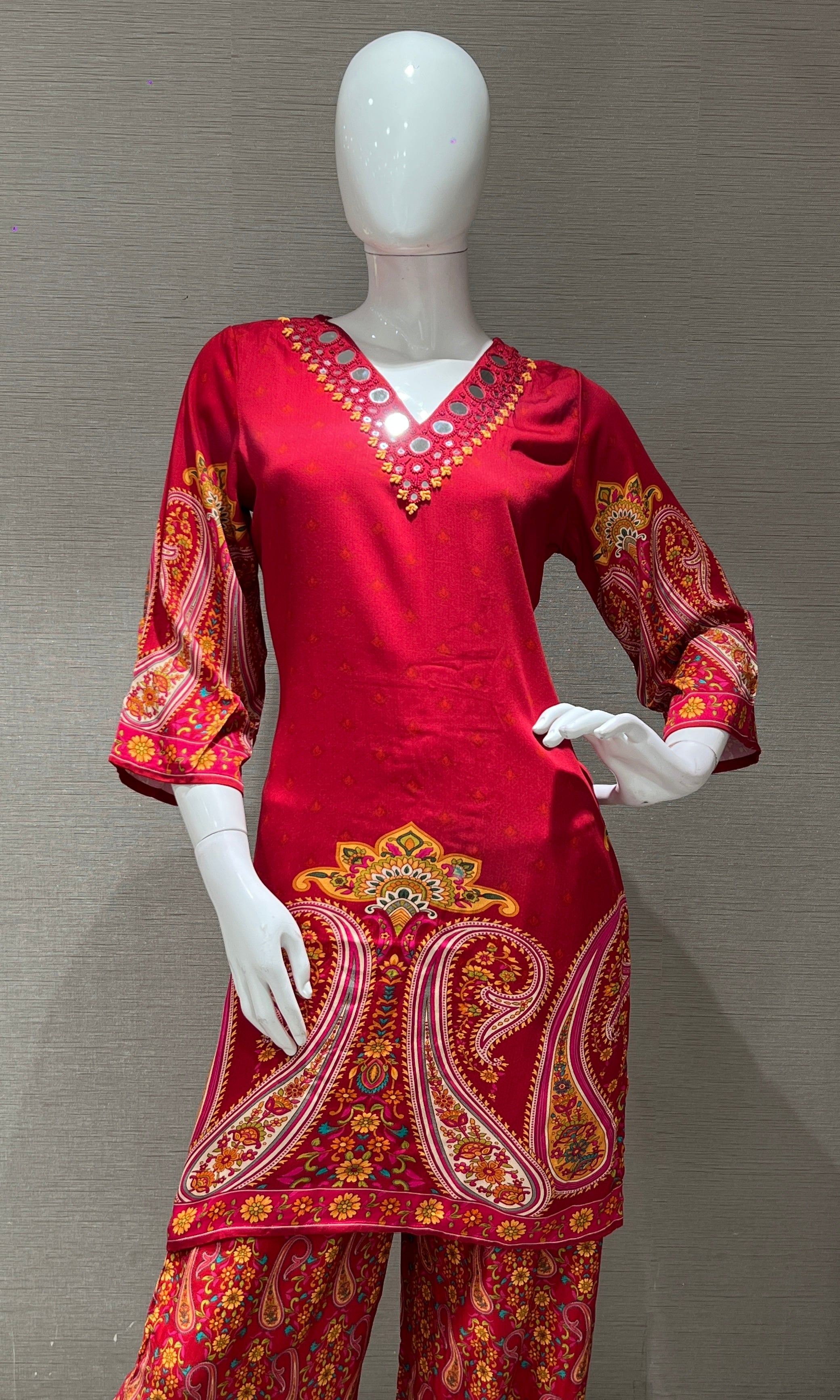 Red Ethnic Print Kurta Pant Cord Set